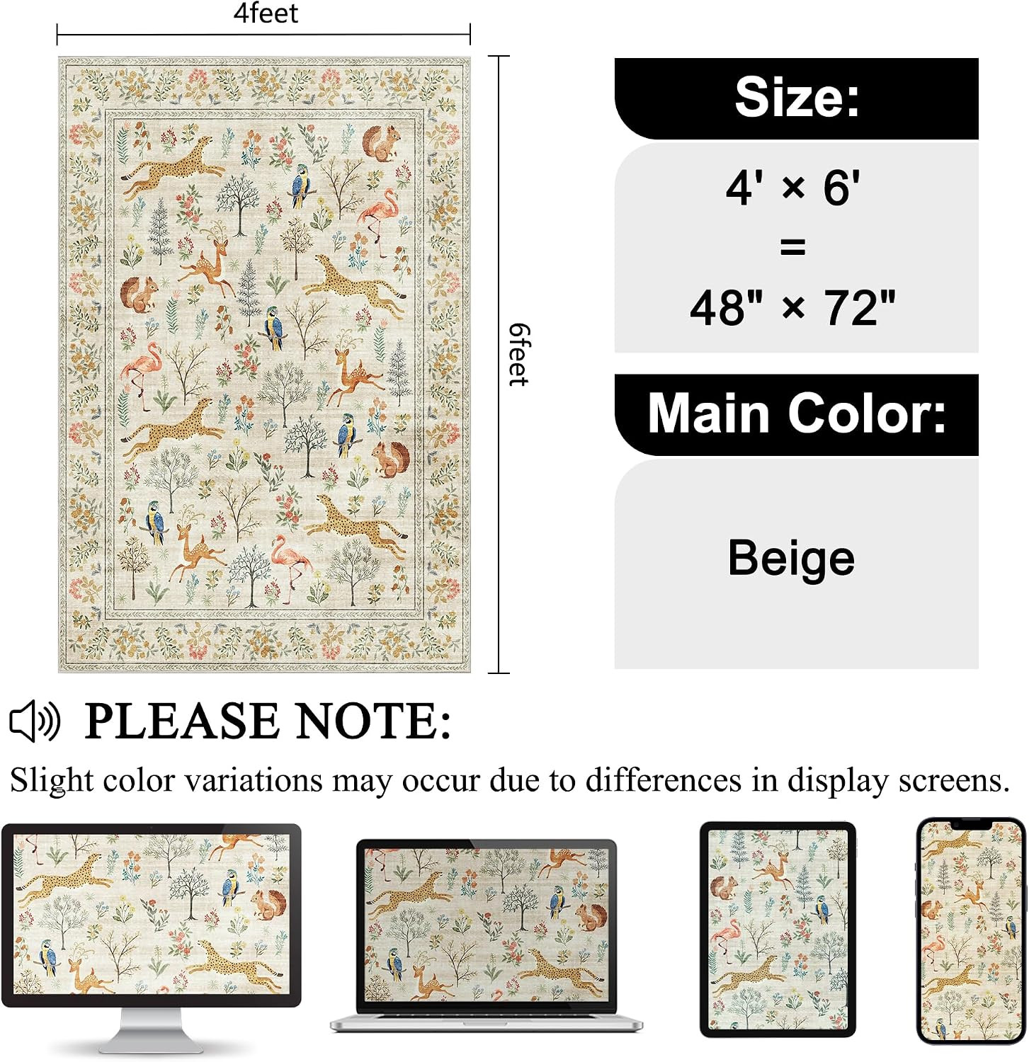 4X6 Rug, Washable Animal Area Rug with Non Slip Vintage Design, Indoor Soft Low