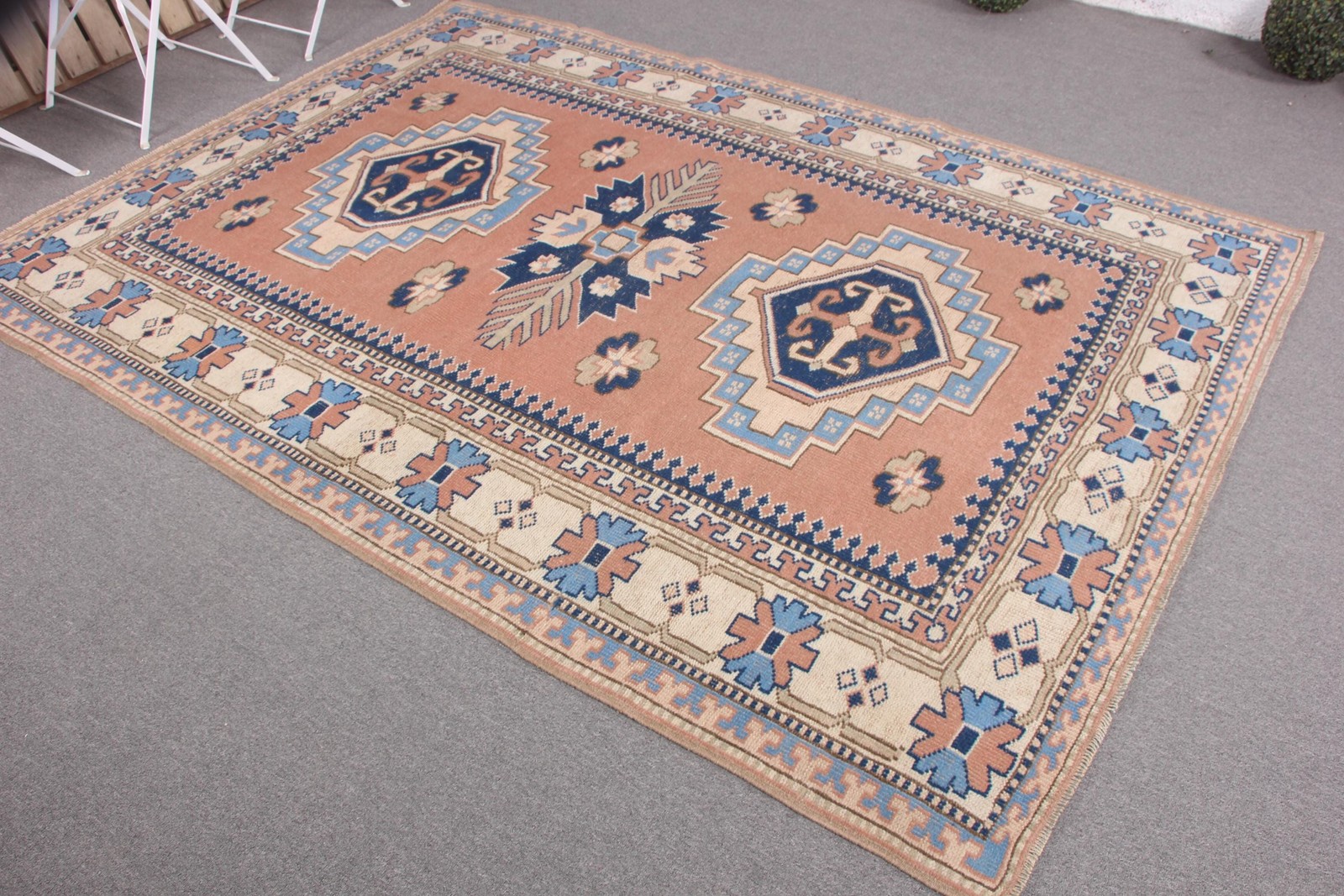 Turkish Vintage Rug, 5,8×9 ft Rug, Orange Blue Check Wool Rug
