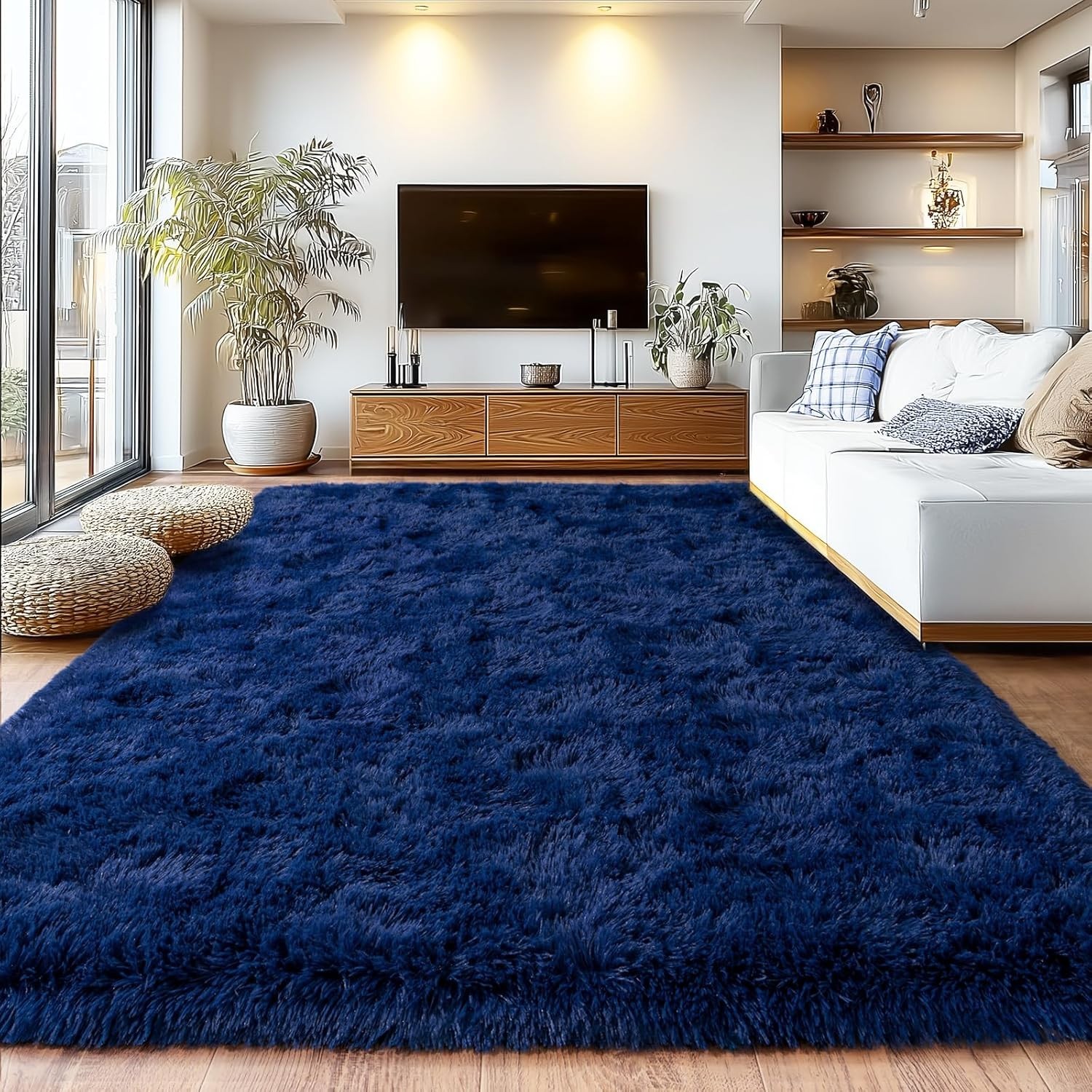 Fluffy Area Rug Large Dark Blue Soft Shaggy Carpet for Living Room Bedroom Floor