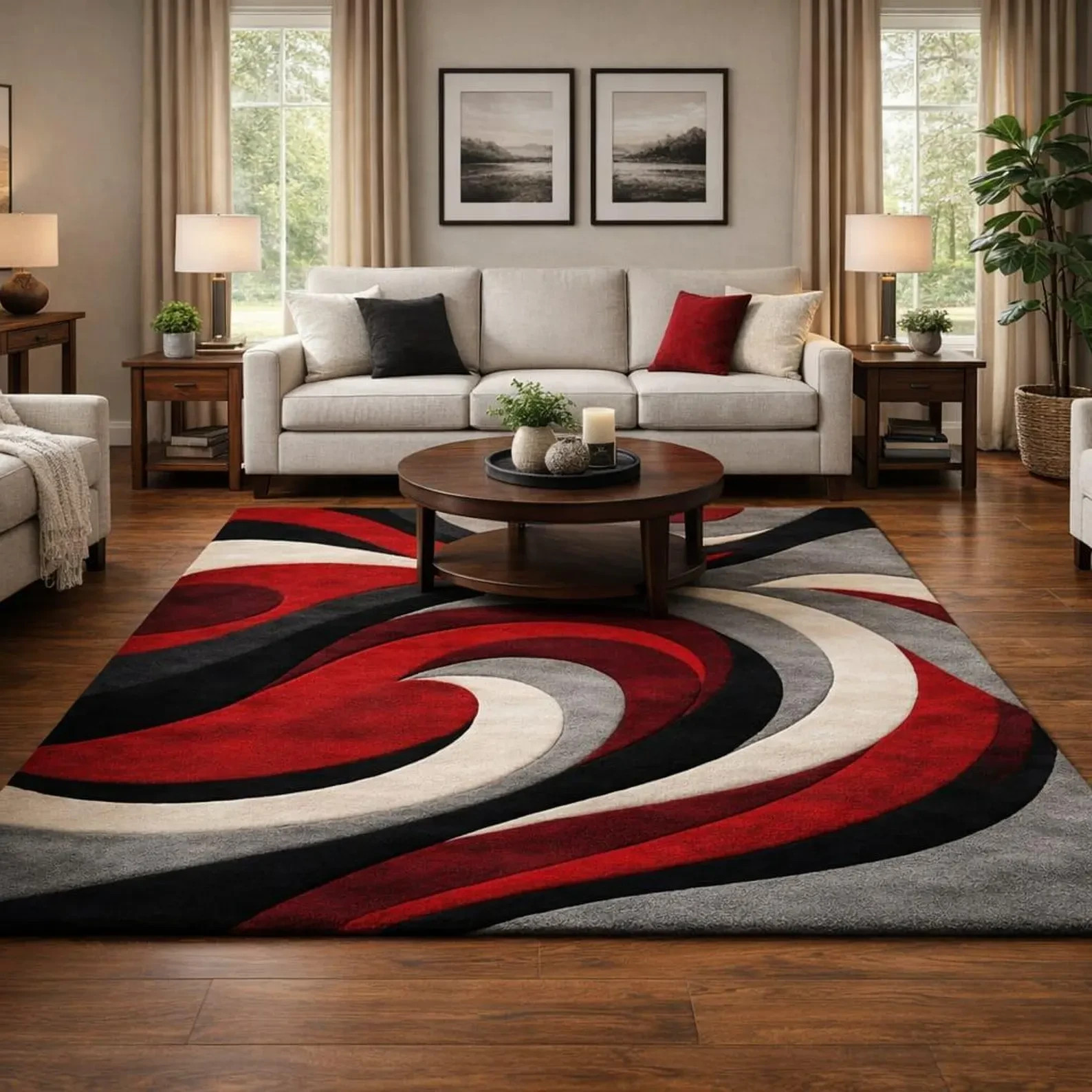 Modern Red Black Grey Abstract Area Rug for Living Room Decor Luxury
