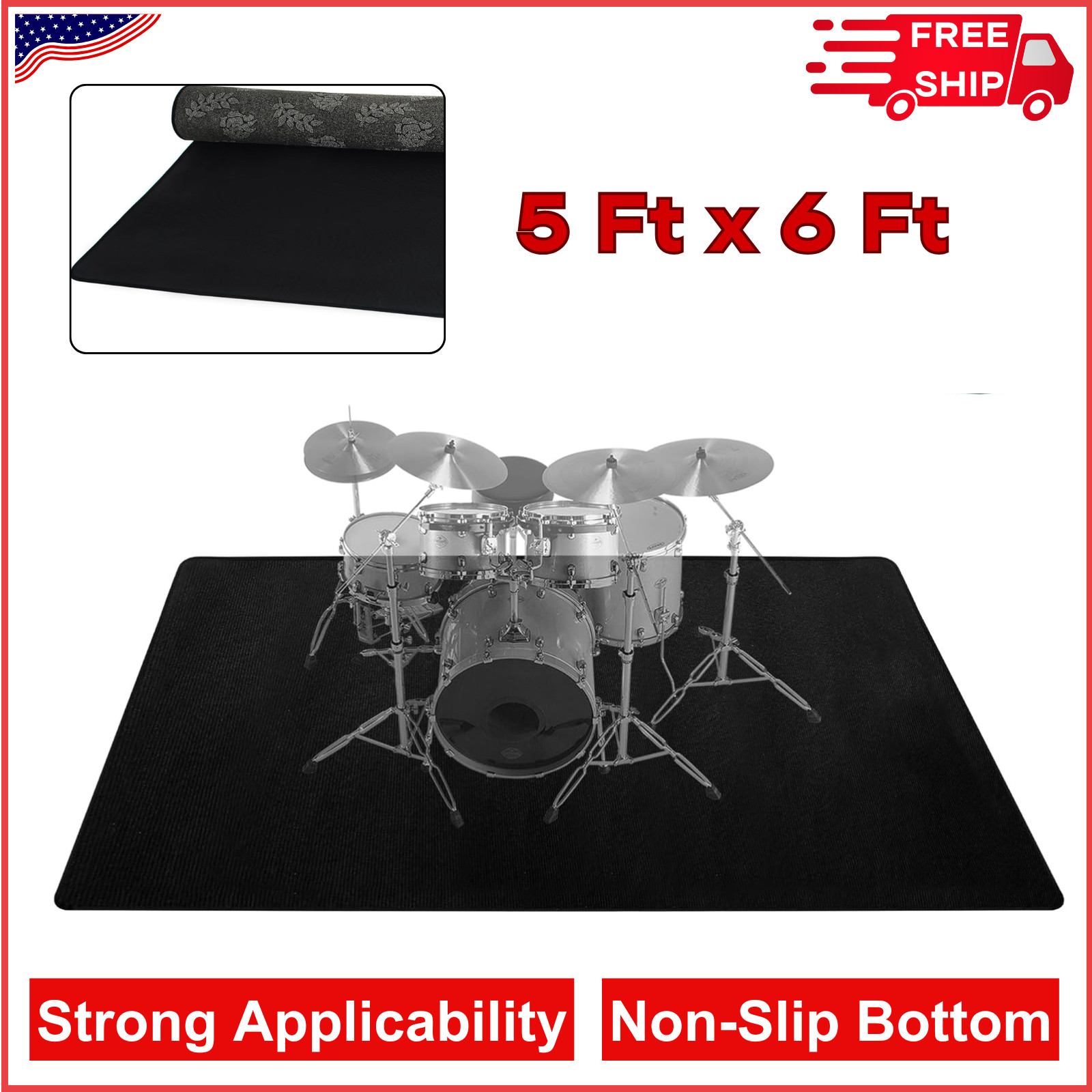 Drum Rug 5Ft x 6Ft Drum Mat Drum Carpet Music Rug W/ Non-Slip Bottom Soundproof