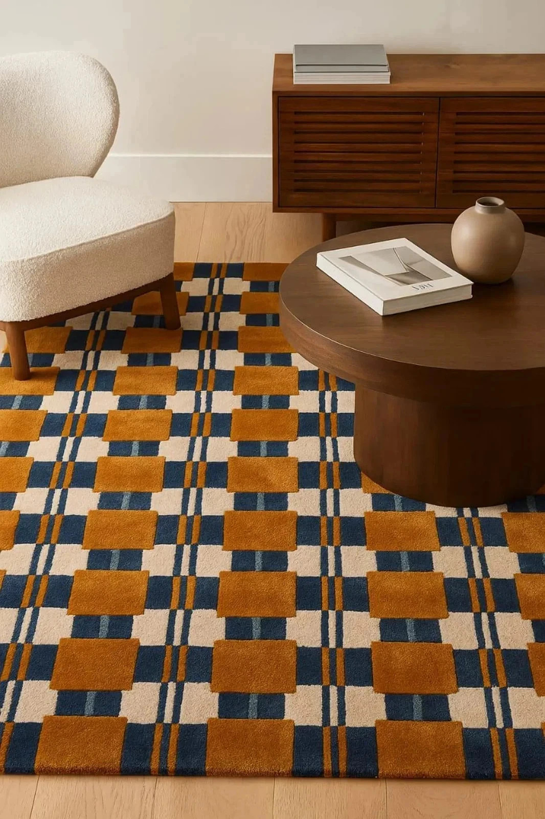 Retro Checkered Area Rug Hand-Tufted Wool Mustard & Navy Mid Century Carpet