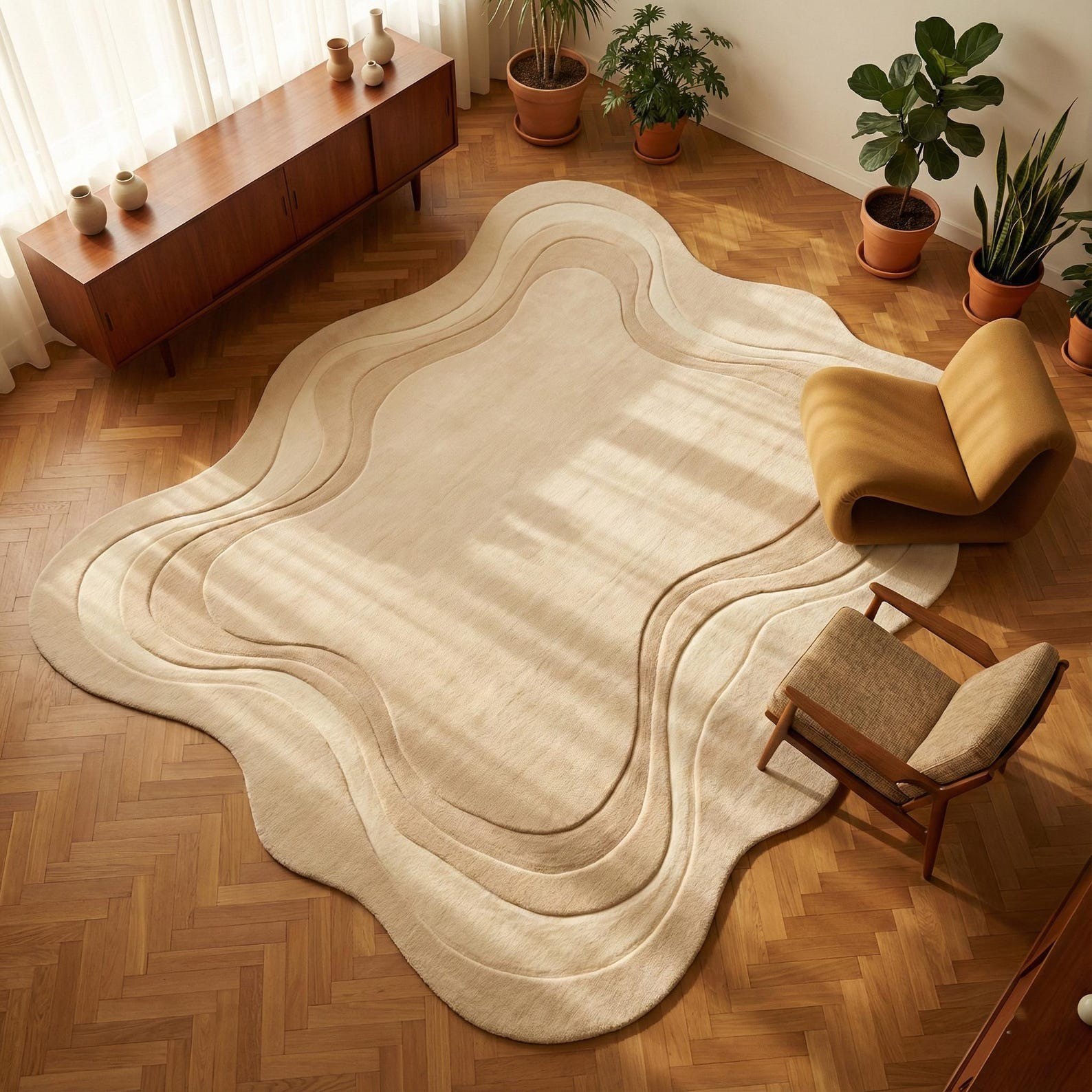 Modern 3D Carved Area Rug Sculpted Hand Tufted Plush Beige Abstract Wave Rug 5×5