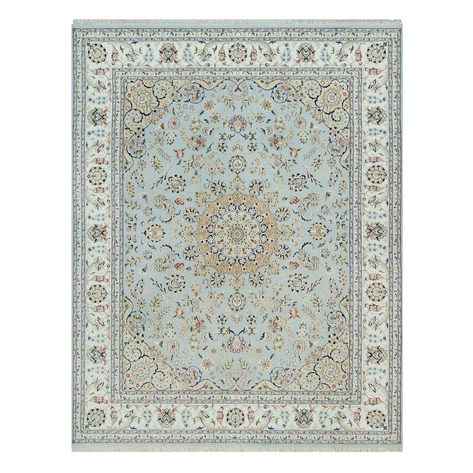 7’7″x9’9″ Celeste Blue Nain Design 250 KPSI Hand Knotted Square Rug R90319