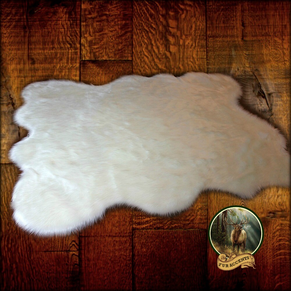 Faux Fur Shag Area Rug, Random Shape, White, Sheepskin, Ultra Suede Lining, USA