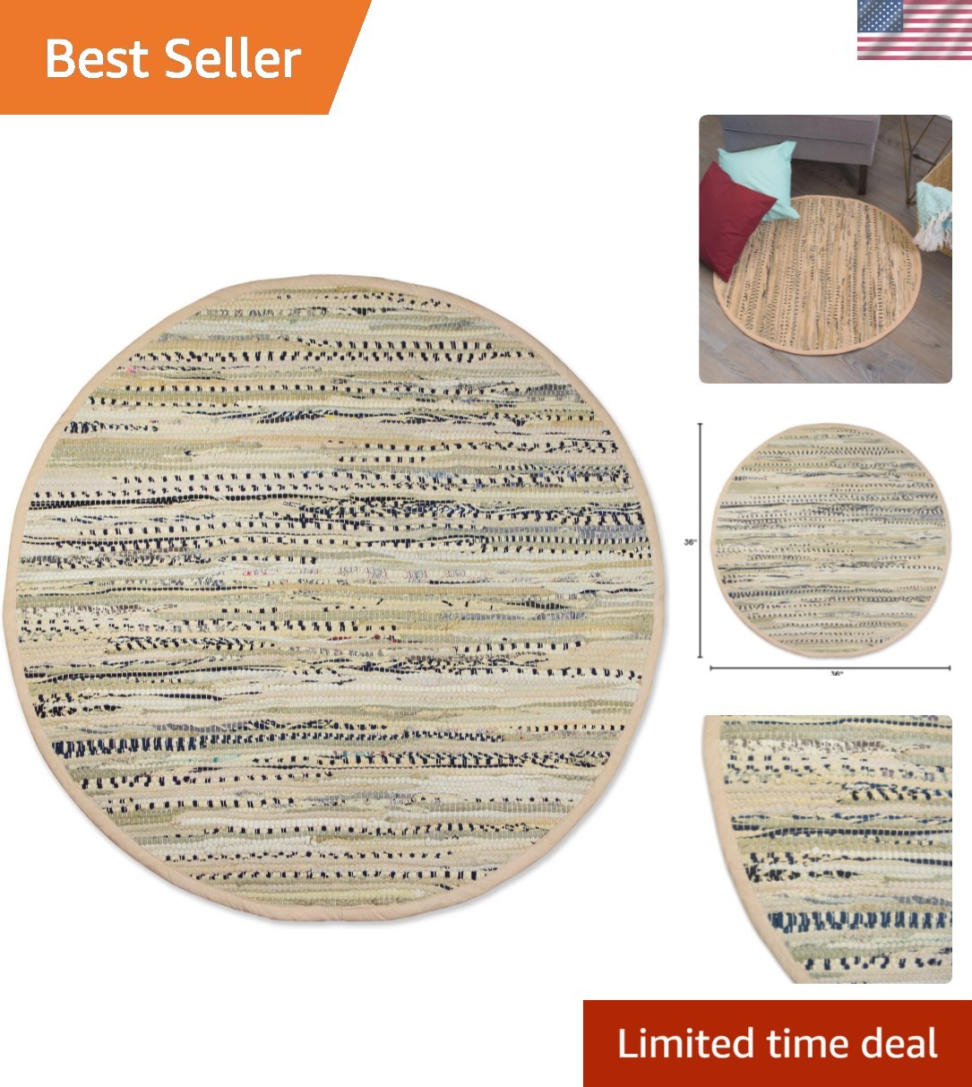 36″ Round Cotton Rag Rug, Handwoven Multicolor Design – Perfect for Any Room