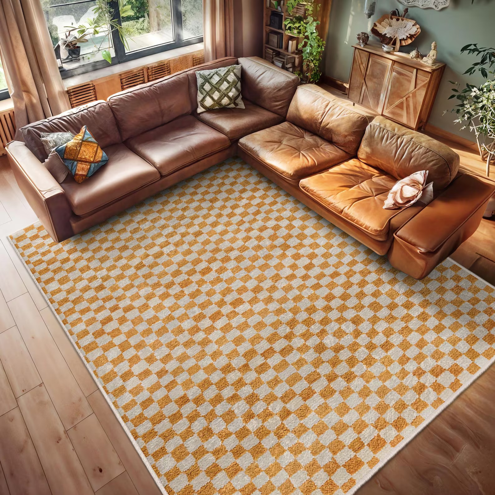 Checkered Orange Cream Geometric Square Pattern Earthy Modern Decor Rug