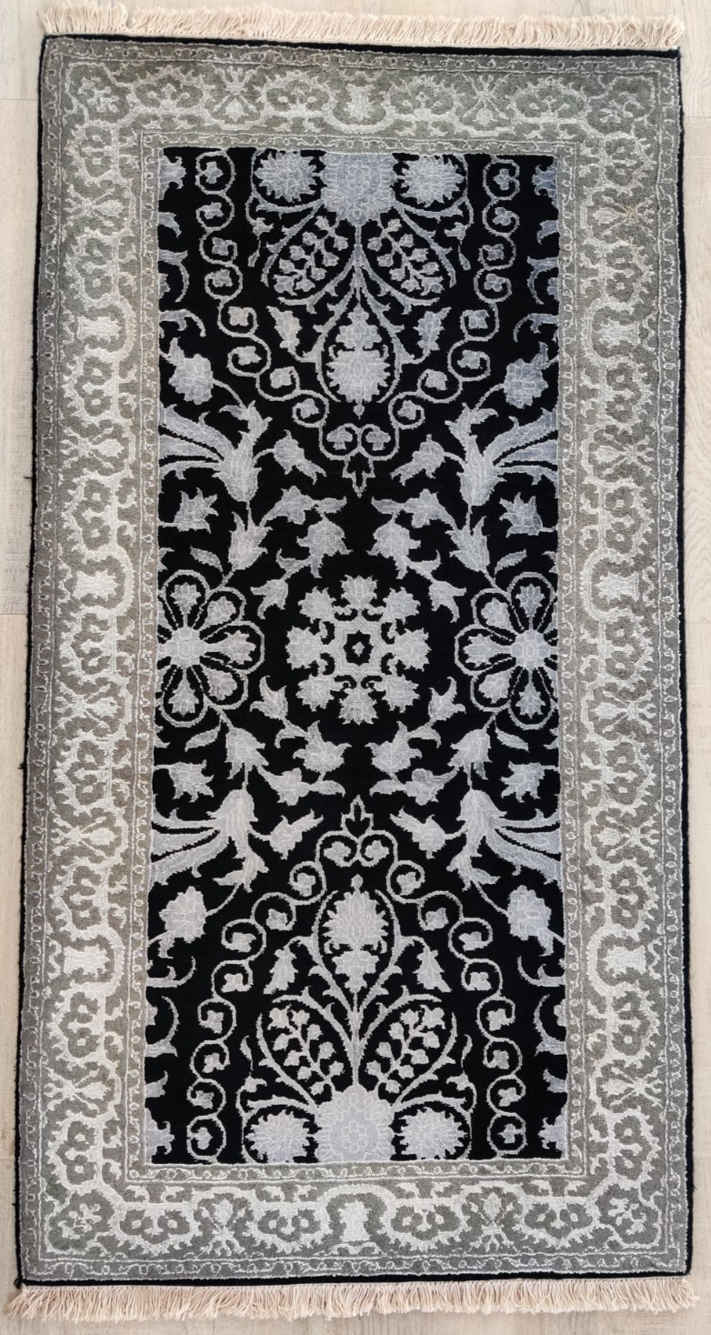 Vintage Hand Knotted Wool Rug for Bedroom Oriental Black Grey 70 x 140 cm