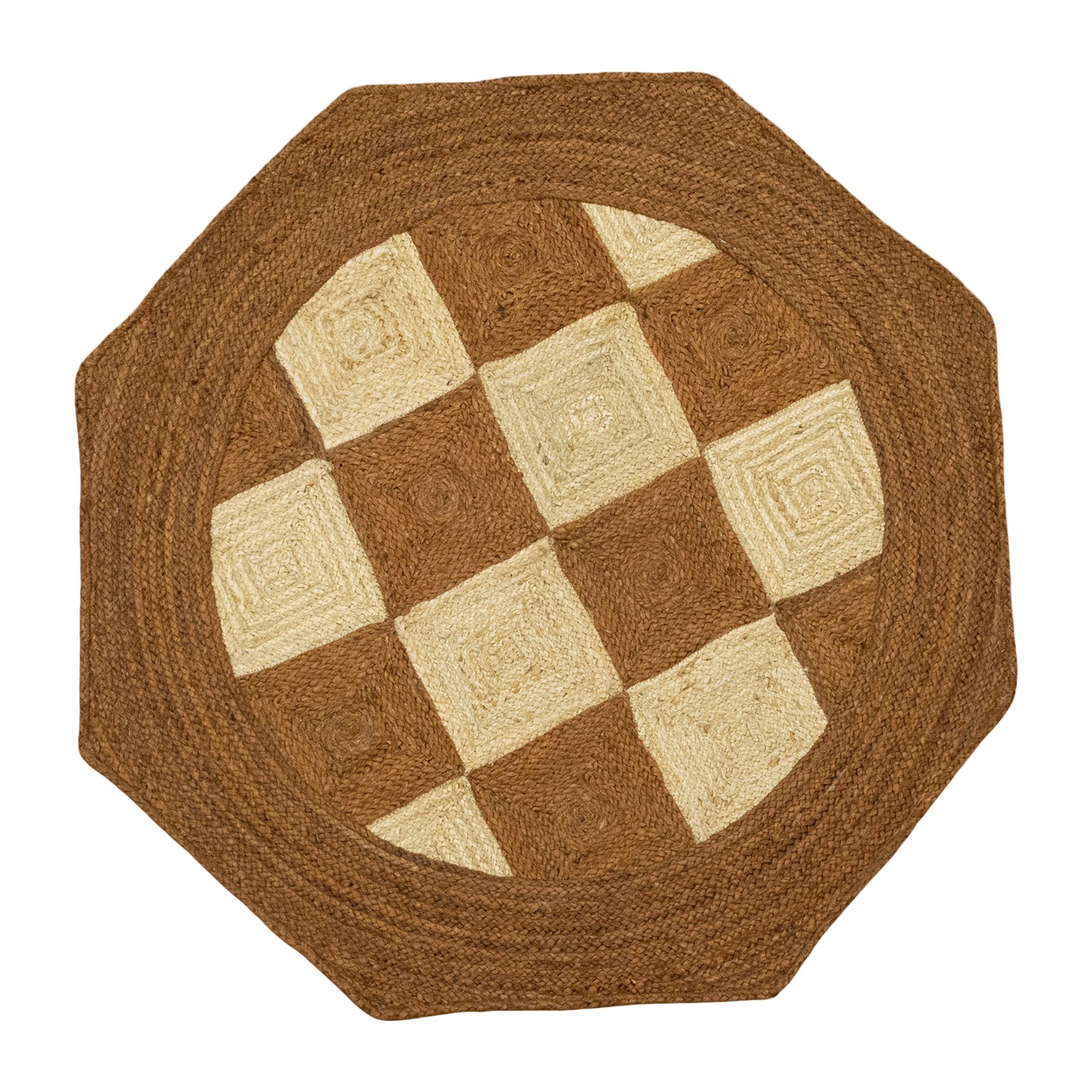 Octagonal Hand Braided Check Round Jute Rug Brown Living Room Kilim Area Rugs