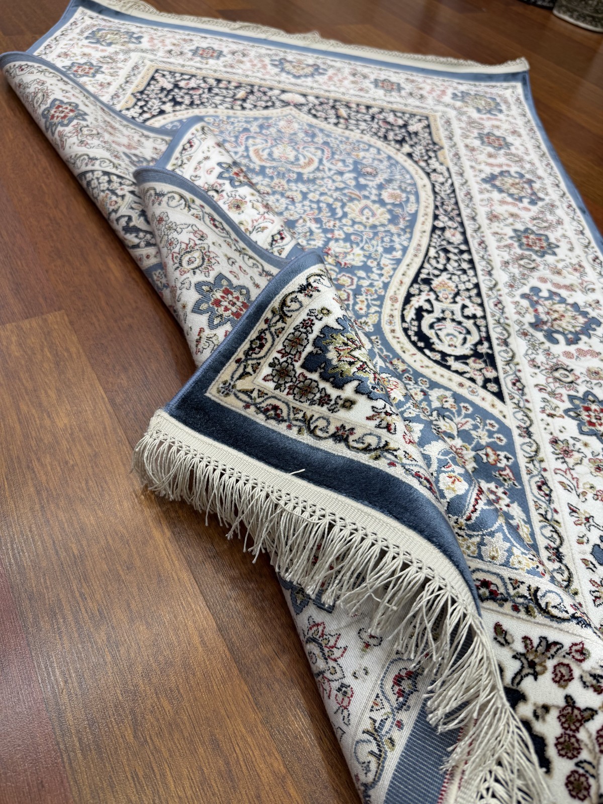 Turkish Silk Prayer Rug 3×5 FT Blue Islamic Seccade Brand New