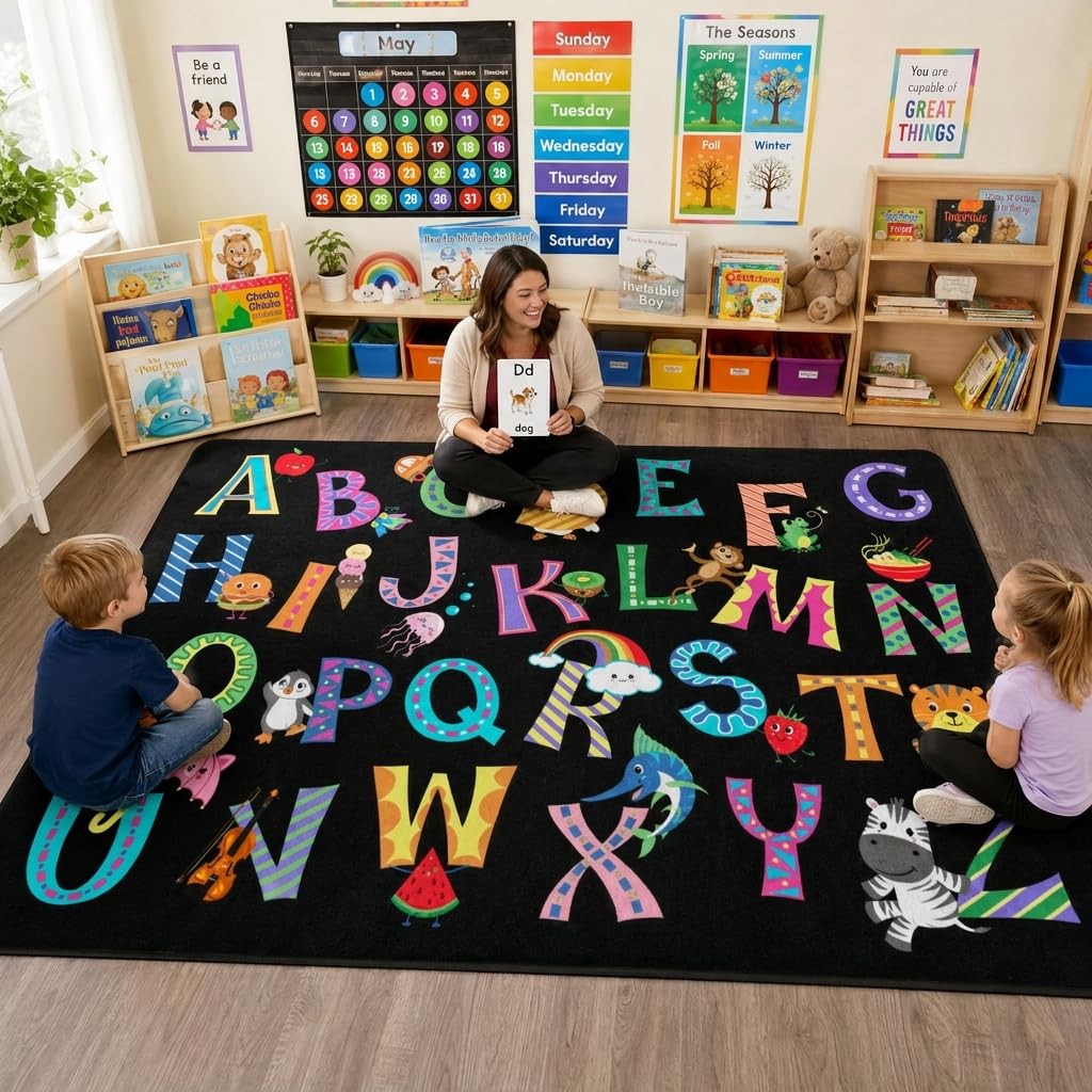 ABC Alphabet Rug, Classroom Playmat Rugs – 5×7 Ft Kids Carpet with Rubber Bac…