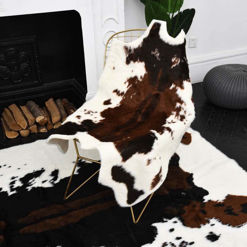3.6’X3.2′ Premium Faux Fur Cowhide Area Rug Throw Brown White Spotted Cow Carpet