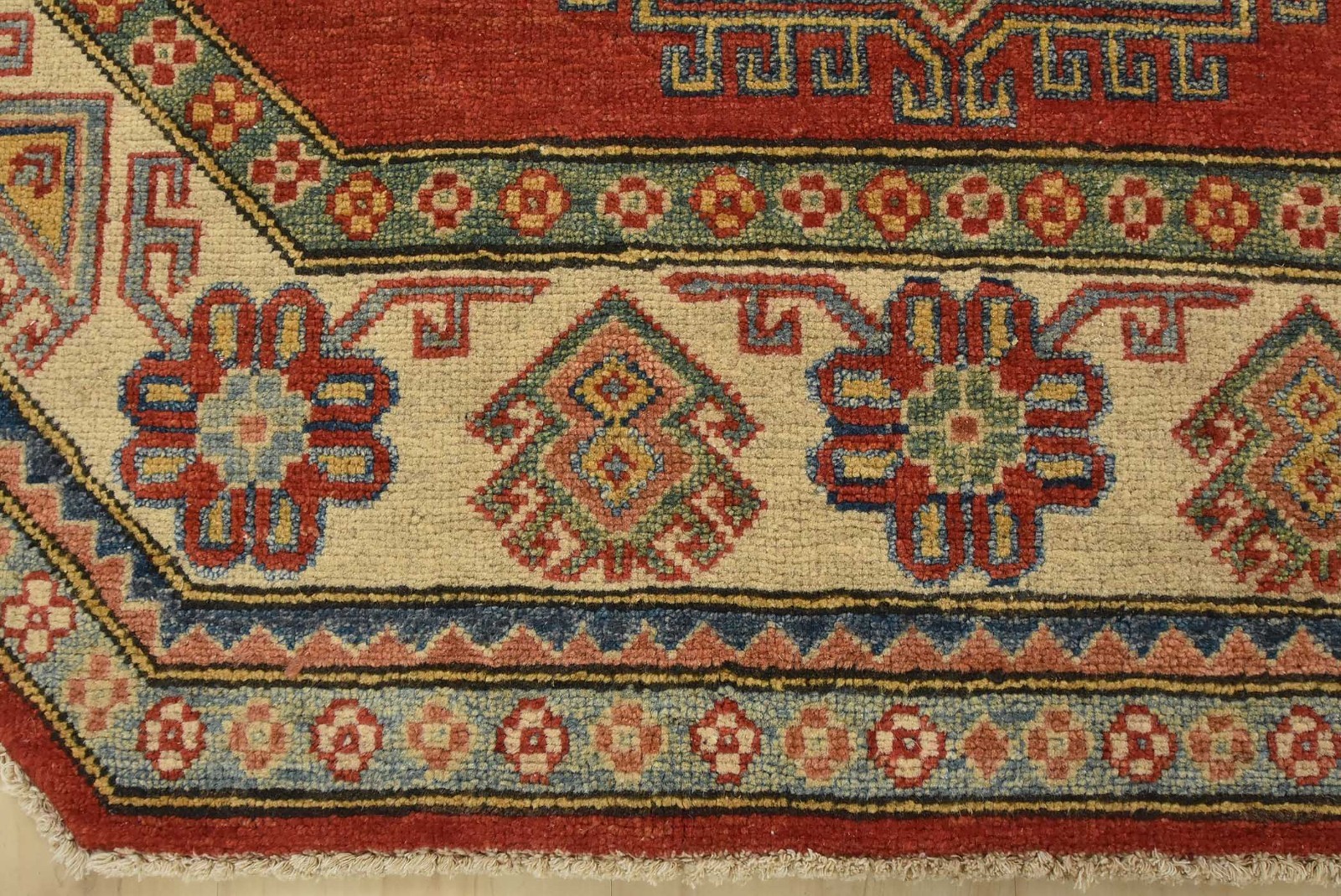 Kazak Rug 6’9” x 6’5” Red Wool Tribal Geometric Hand-Knotted Oriental Carpet