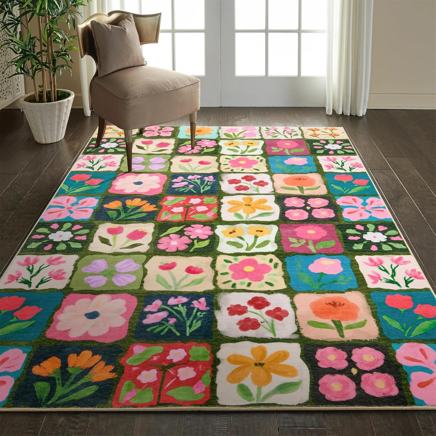 Vintage Floral Rug 4X6 Washable, Thin Cute Aesthetic Retro Multicolored Flowers