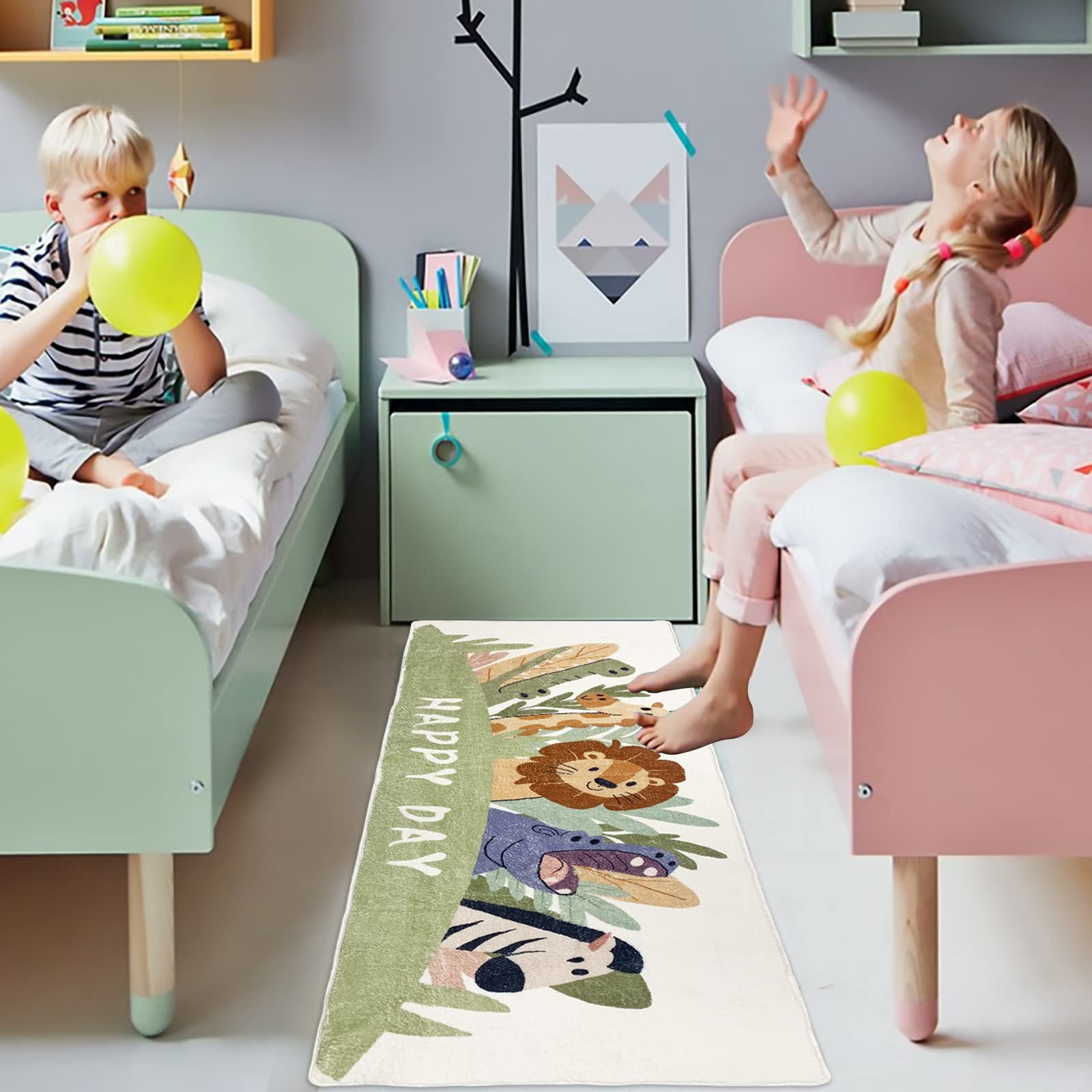 Kids Runner Rug 5.3FT,Animals Area Rug Play Mat for Kids Non Skid Washable An…