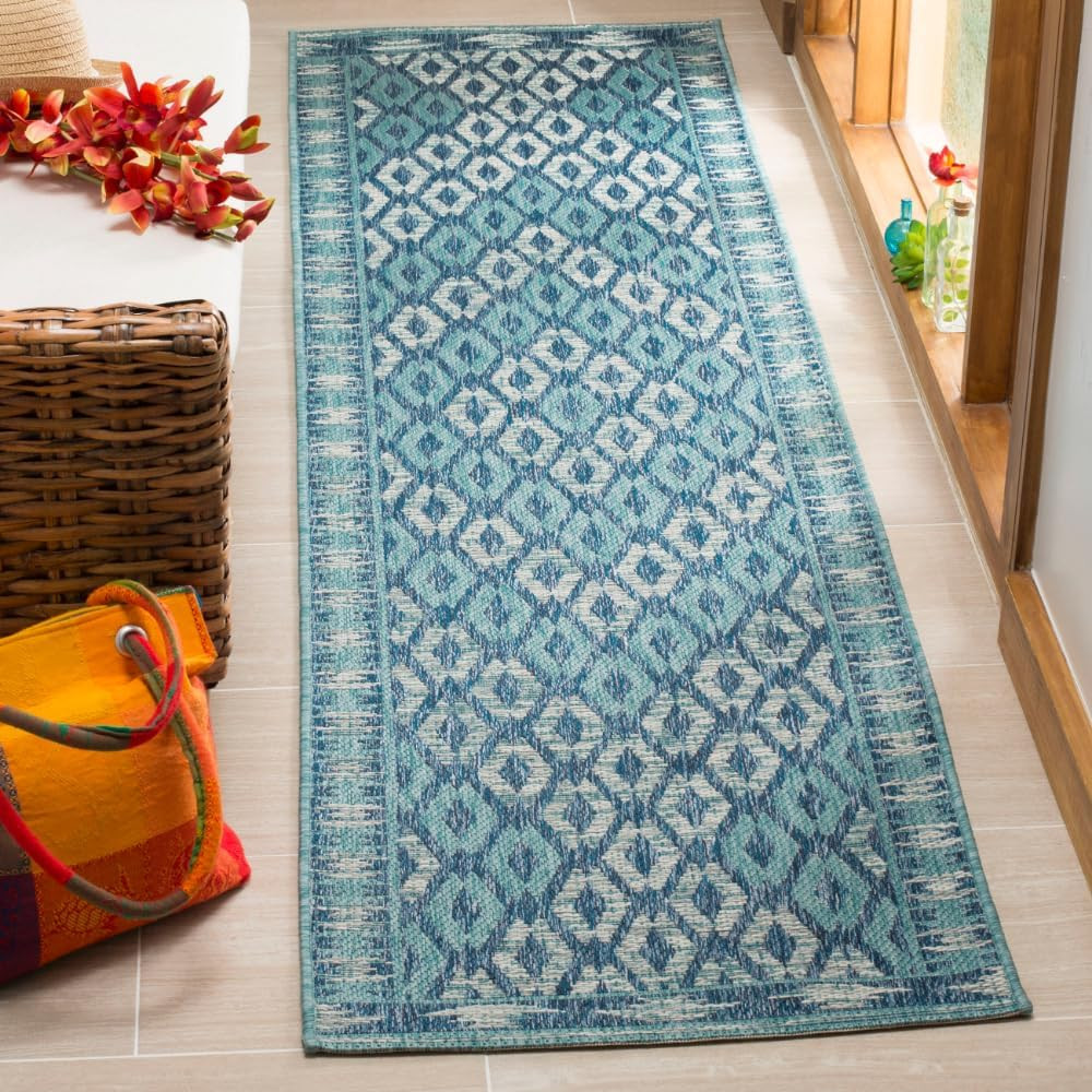 Washable Rug Outdoor Courtyard Collection – 2’3″ X 6’7″ Runner, Navy & Aqua Blue