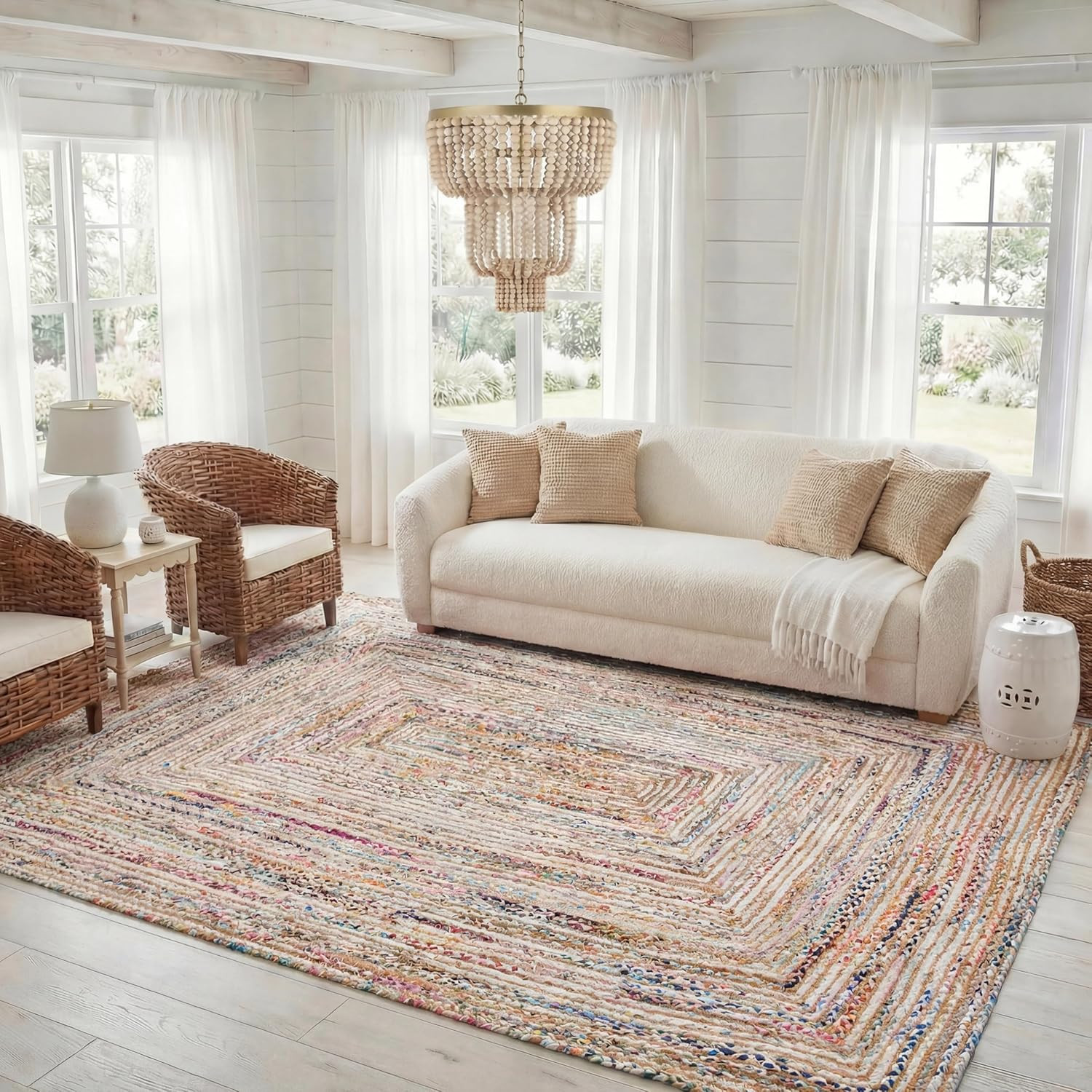 Handmade 8×10 Area Rug – Cape Cod Collection, Beige & Multi, Jute & Cotton