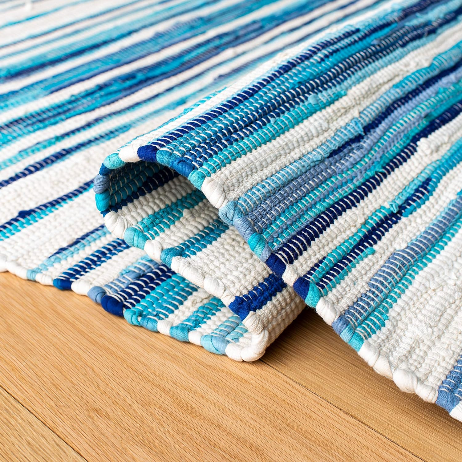 Handmade Boho Stripe Rag Rug – 9′ x 12′, Ivory & Blue, Durable for High Traffic