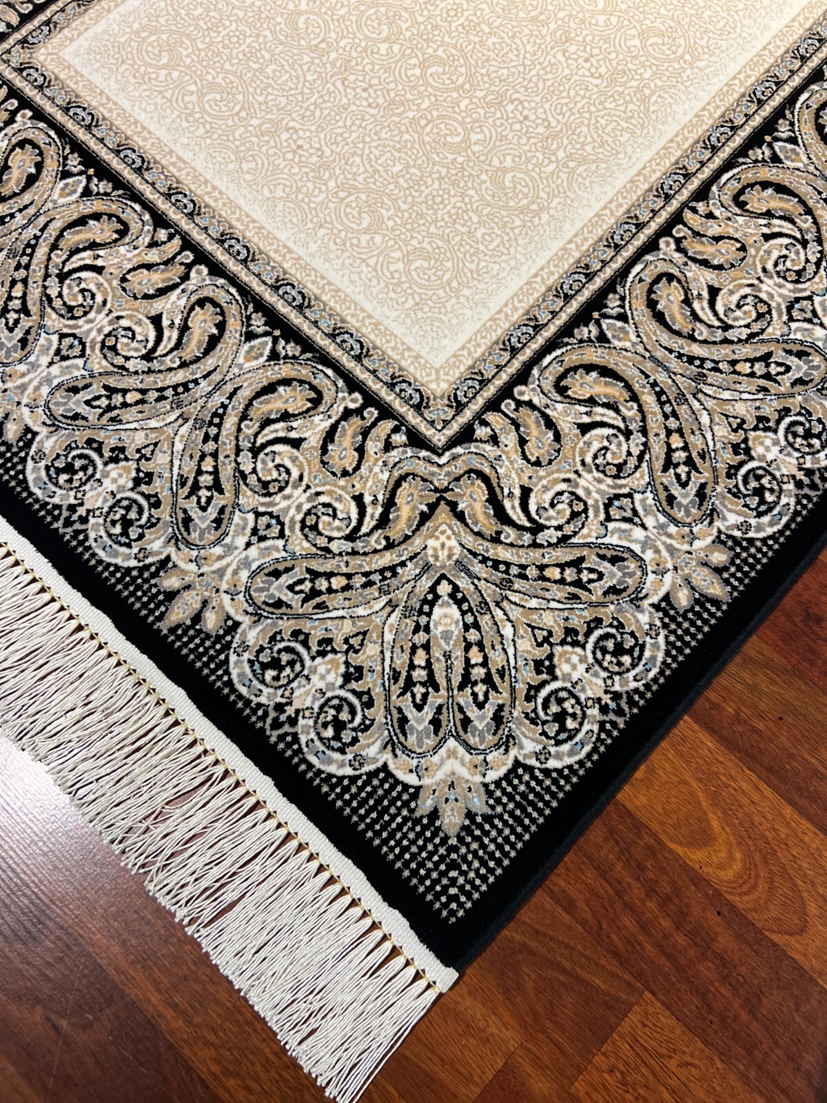 3×10 ft Bamboo Silk Runner Rug – Beige Black Luxury Rug for Hall or Entryway