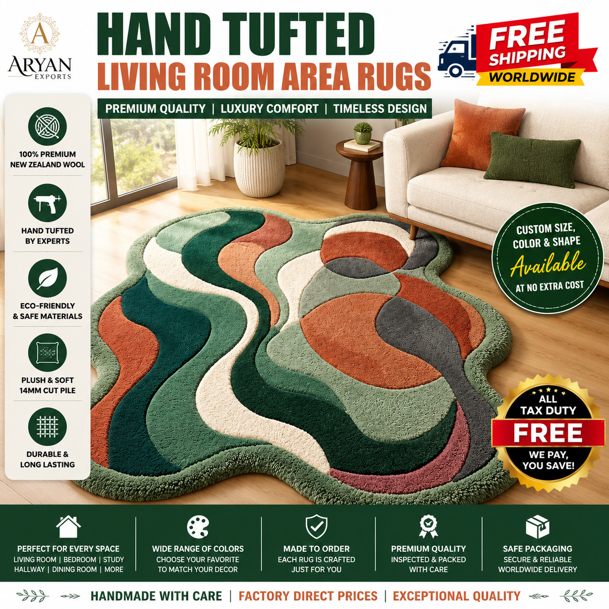 “8×10 Green Rust Wool Area Rug Hand Tufted Abstract Wavy Modern Living Room”