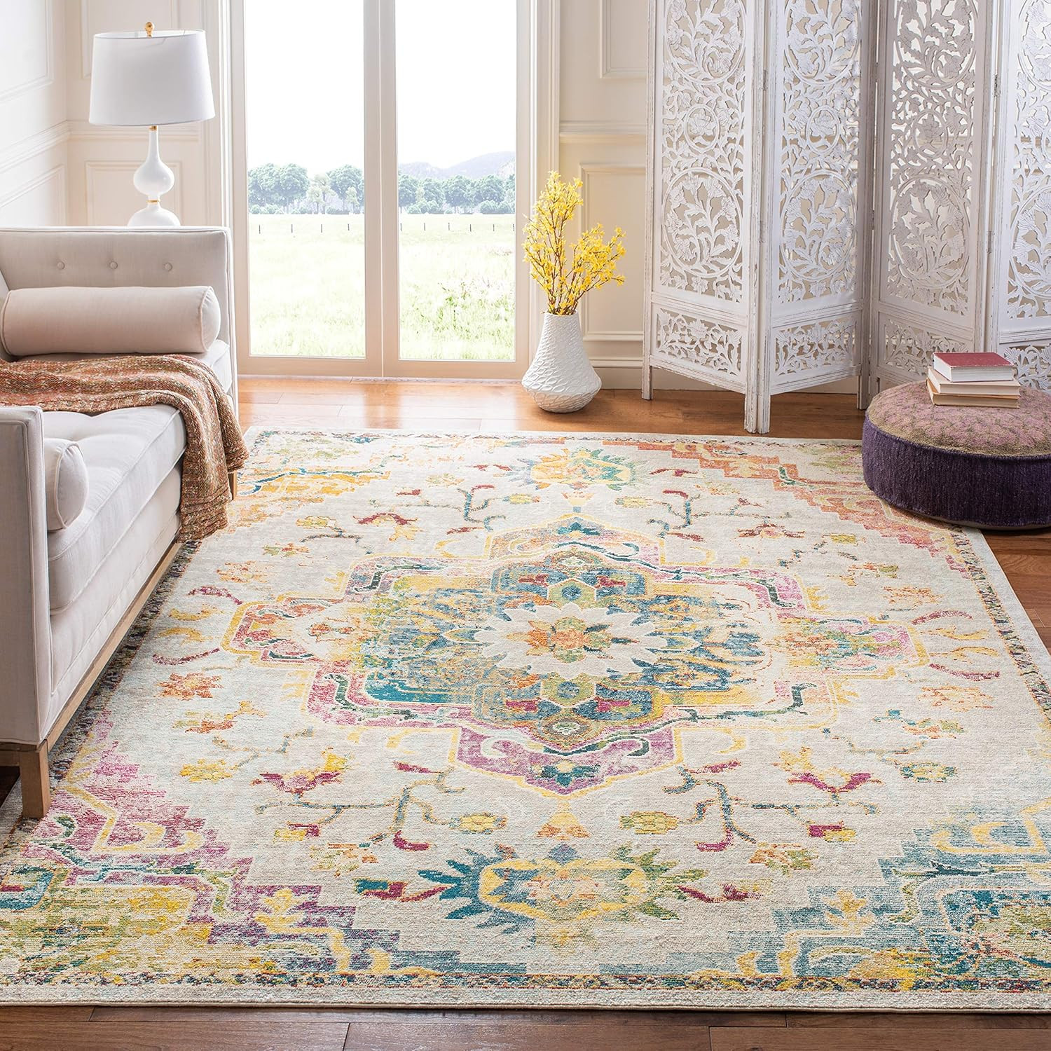 SAFAVIEH Crystal Collection Area Rug – 6’7″ X 9’2″, Light Blue & Fuchsia, Medall