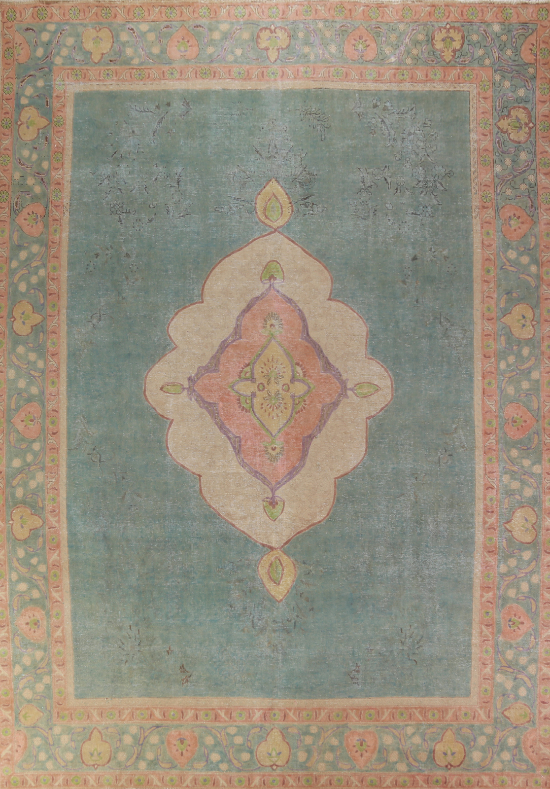 Vintage Teal Green Over-Dyed Wool Tebriz Hand-knotted Room Size Area Rug 10×13