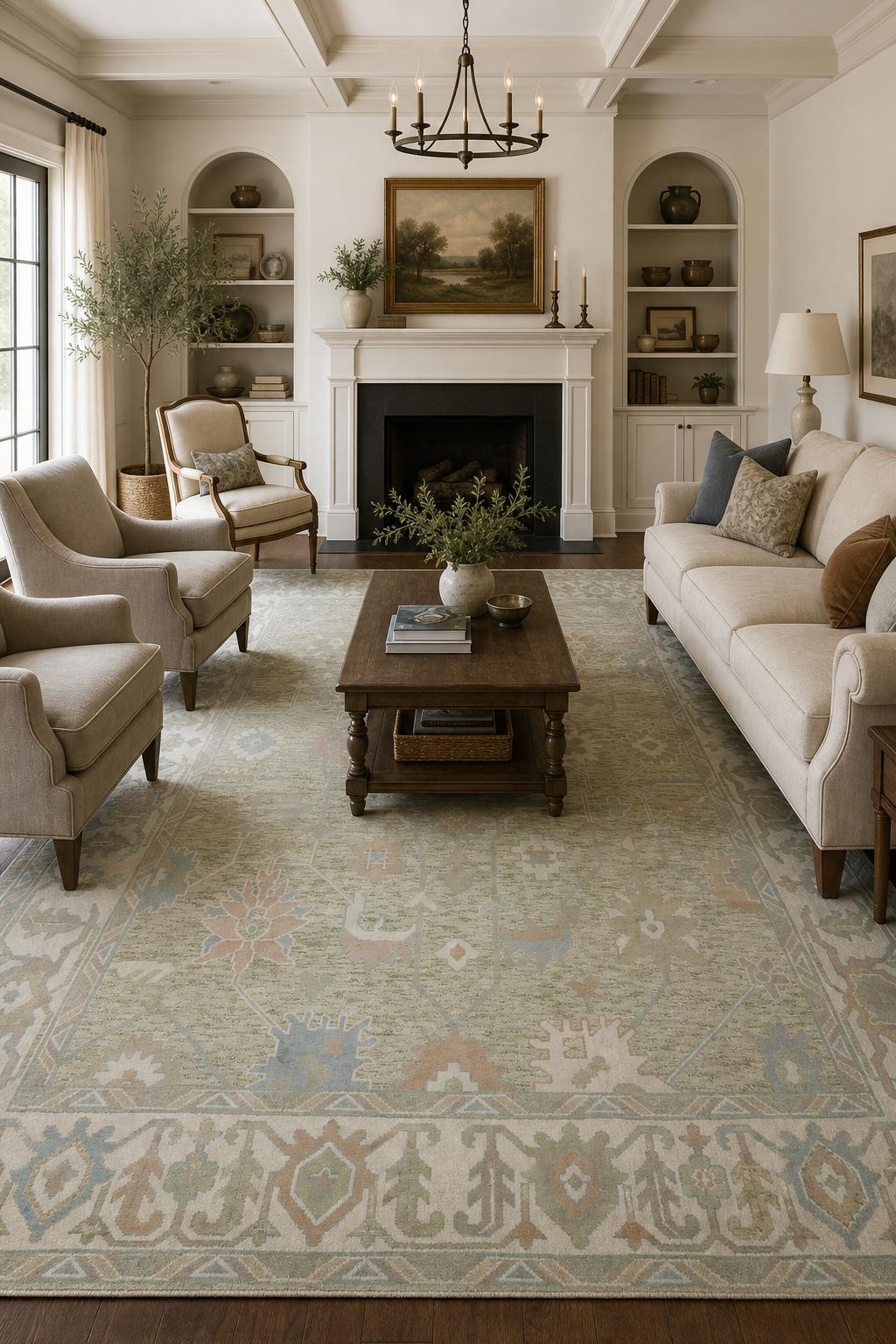 Green Traditional Oushak Area Rug 9×12 Ft Floral Handmade Oriental Wool Carpet
