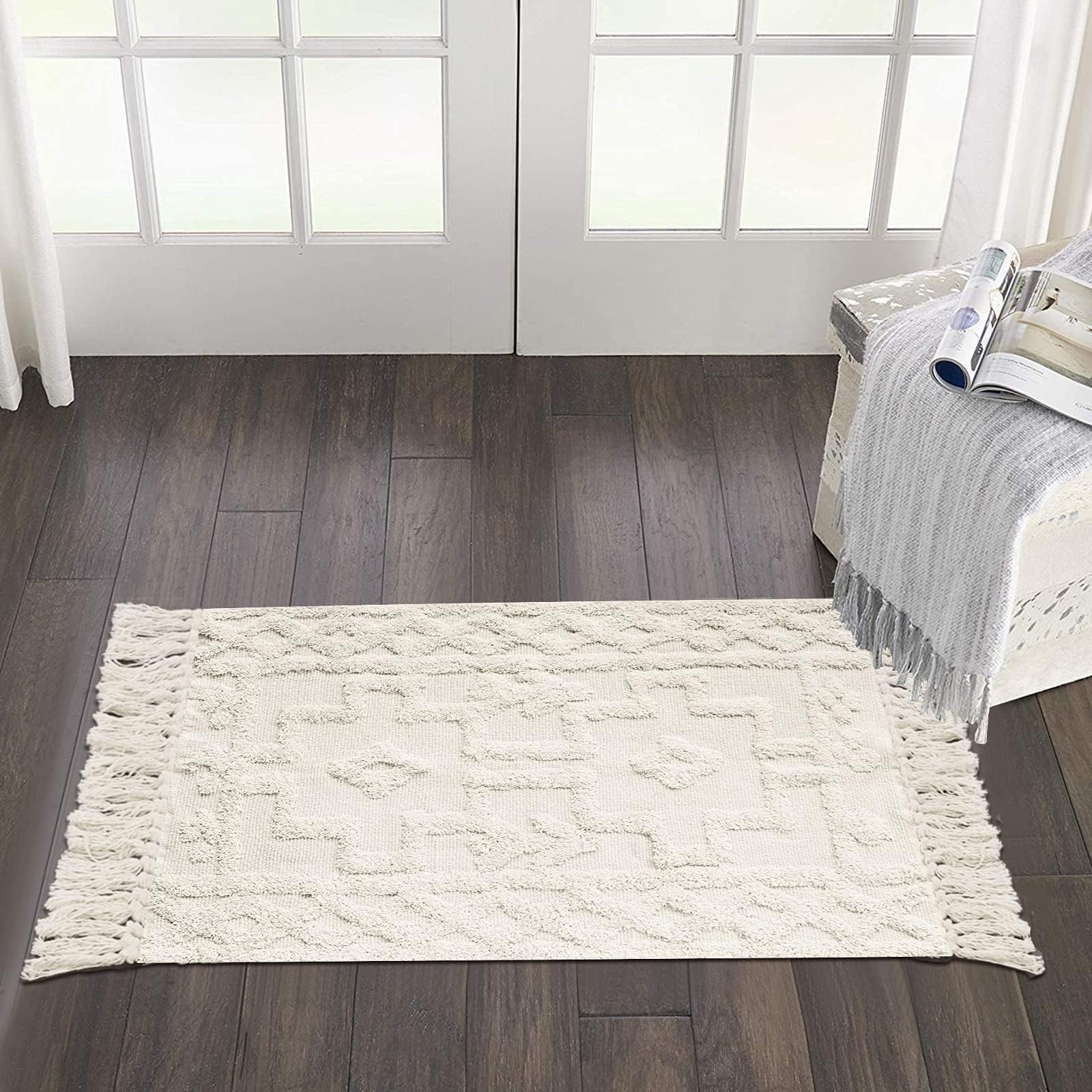 Boho Bathroom Rug 2′ x 3′, Washable Small Farmhouse Bedroom Rugs with Tassels…