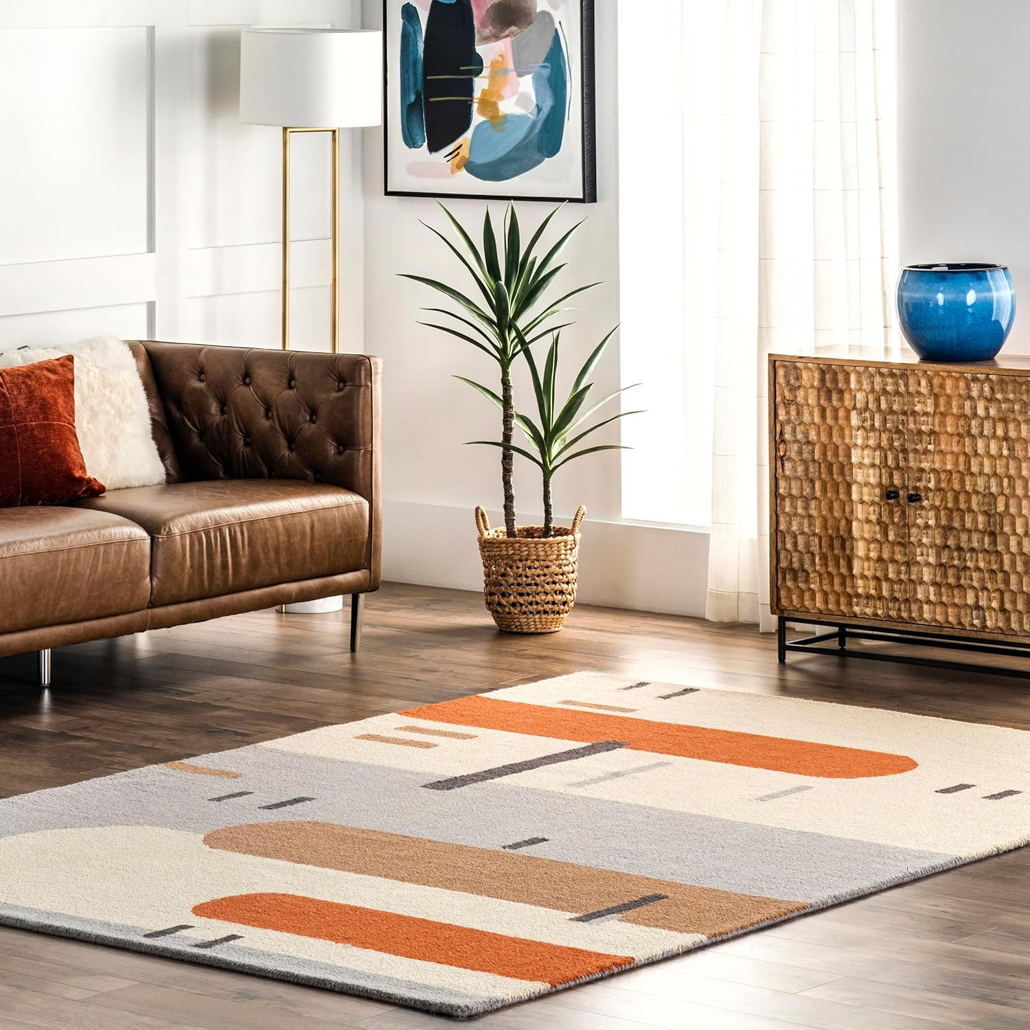 Cori Peach Abstract Wool Area Rug 7’6″ x 9’6″ for Modern Homes