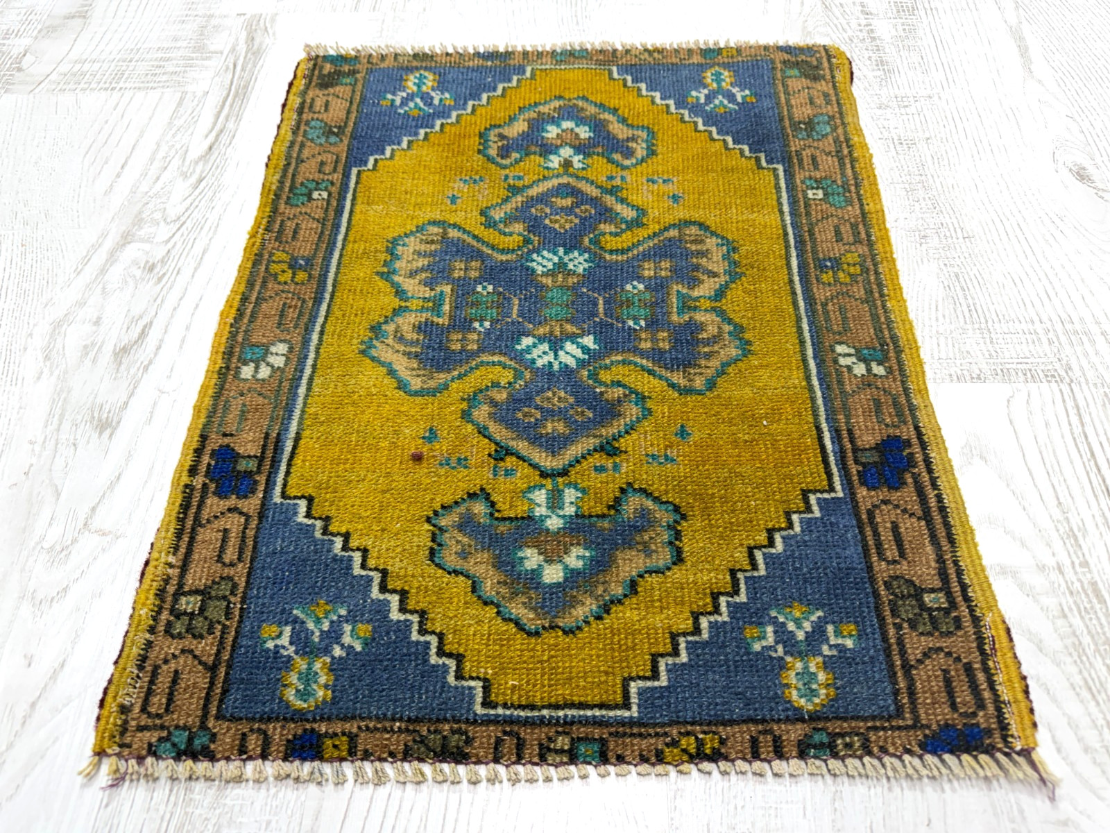1.6×2 ft Vintage Turkish Oushak Rug Mustard Yellow Blue Small Accent Rug Boho