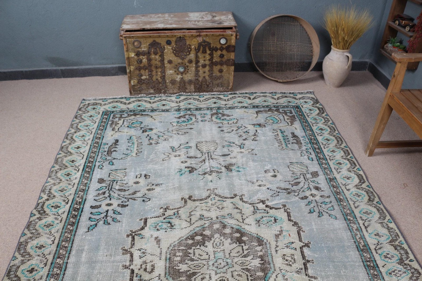 Vintage 5,9×9,6 ft Rug, Large Turkish Rug, Blue Gray Ombré Wool Rug