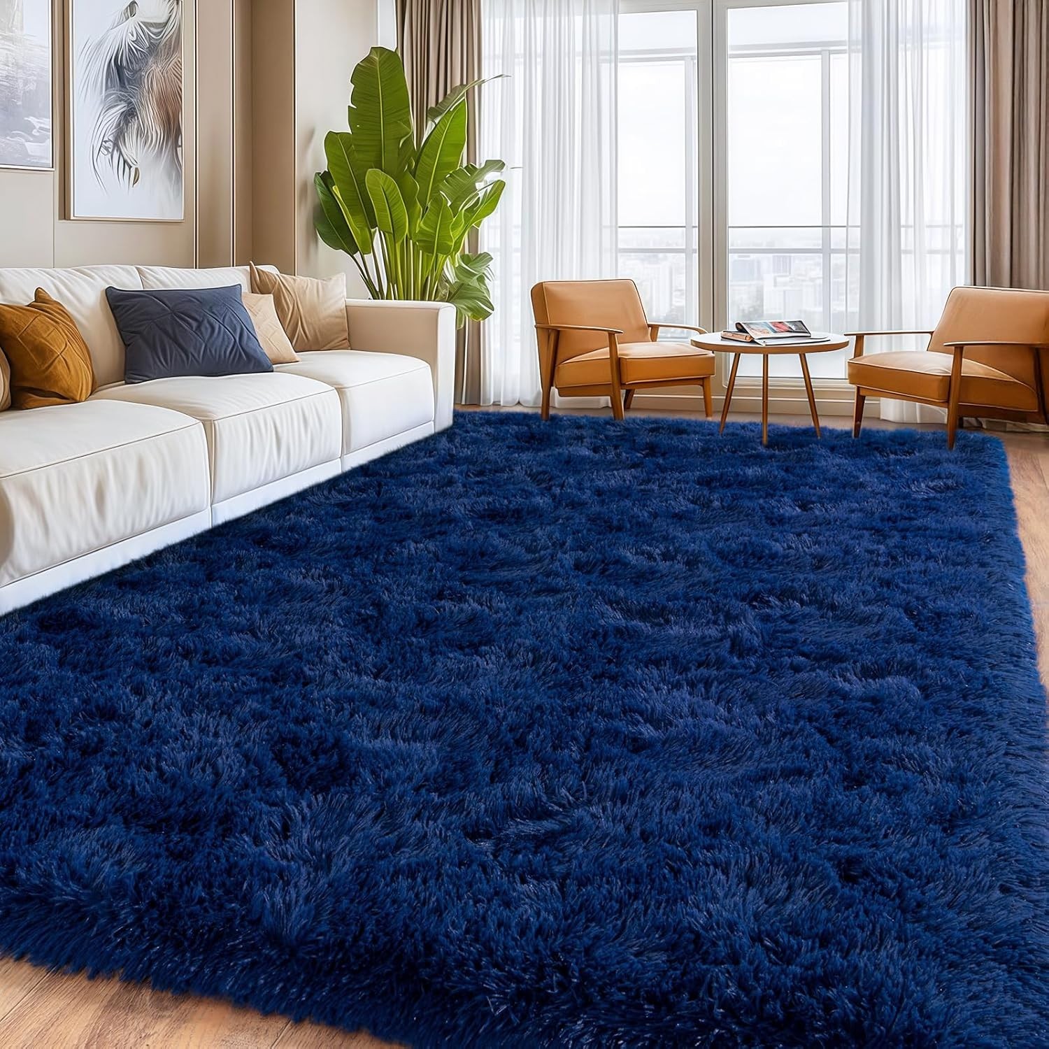 Fluffy Area Rug Large Dark Blue Soft Shaggy Carpet for Living Room Bedroom Floor