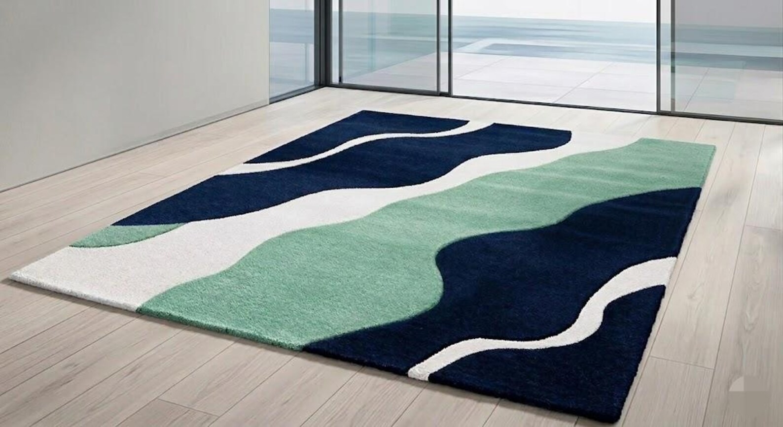 Modern Abstract Wave Rug Blue Mint Green Hand Tufted Wool Living Room Area Carpe