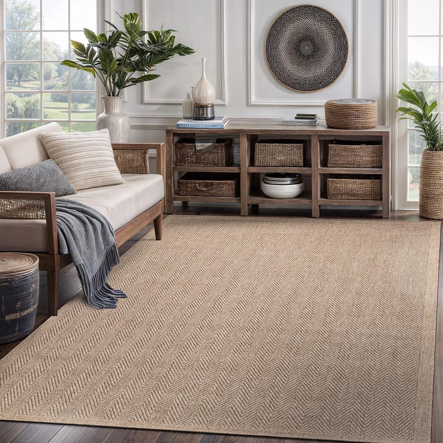 Natural Jute Rug 5×7 – Washable Indoor Outdoor Area Rug for Living Room & Patio