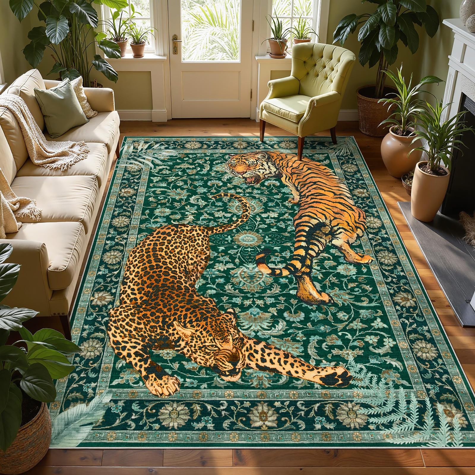 Tiger Print 5×7 Washable Rug Boho Green Cheetah Area Rug Living Bedroom