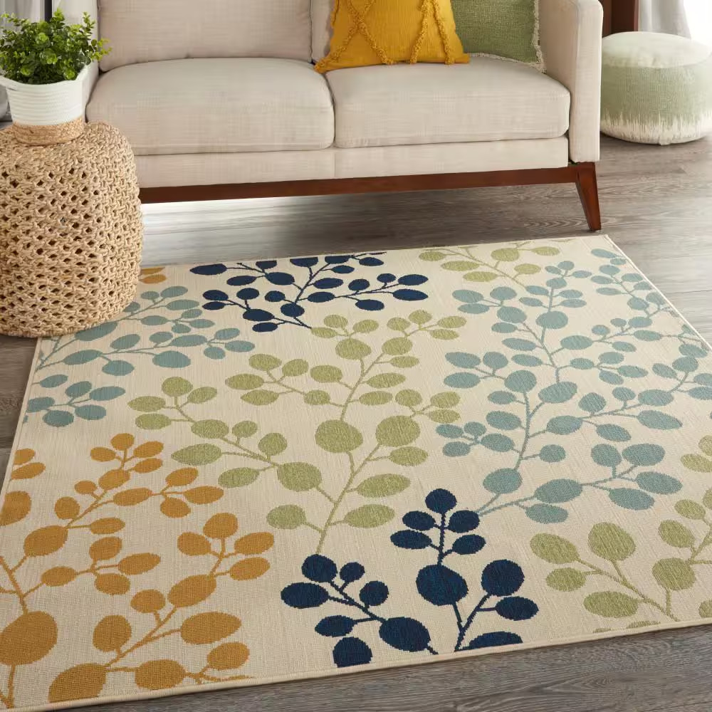Caribbean Ivory 5 Ft. X 5 Ft. Square Floral Contemporary Indoor/Outdoor Patio Ar