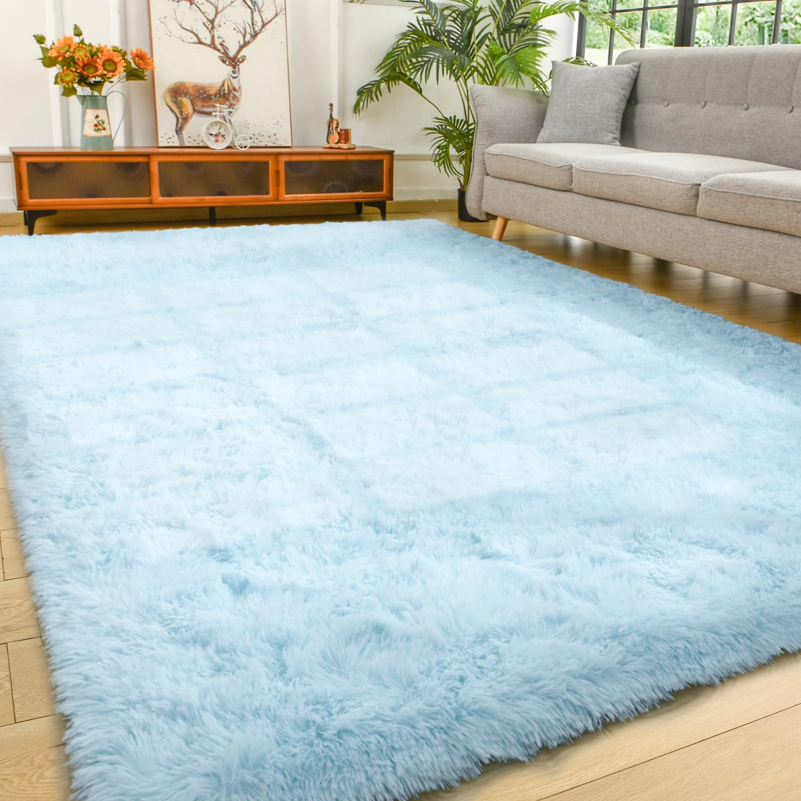 Area Rugs for Living Room Bedroom, 5×8 Machine Washable Large Light Blue Carp…