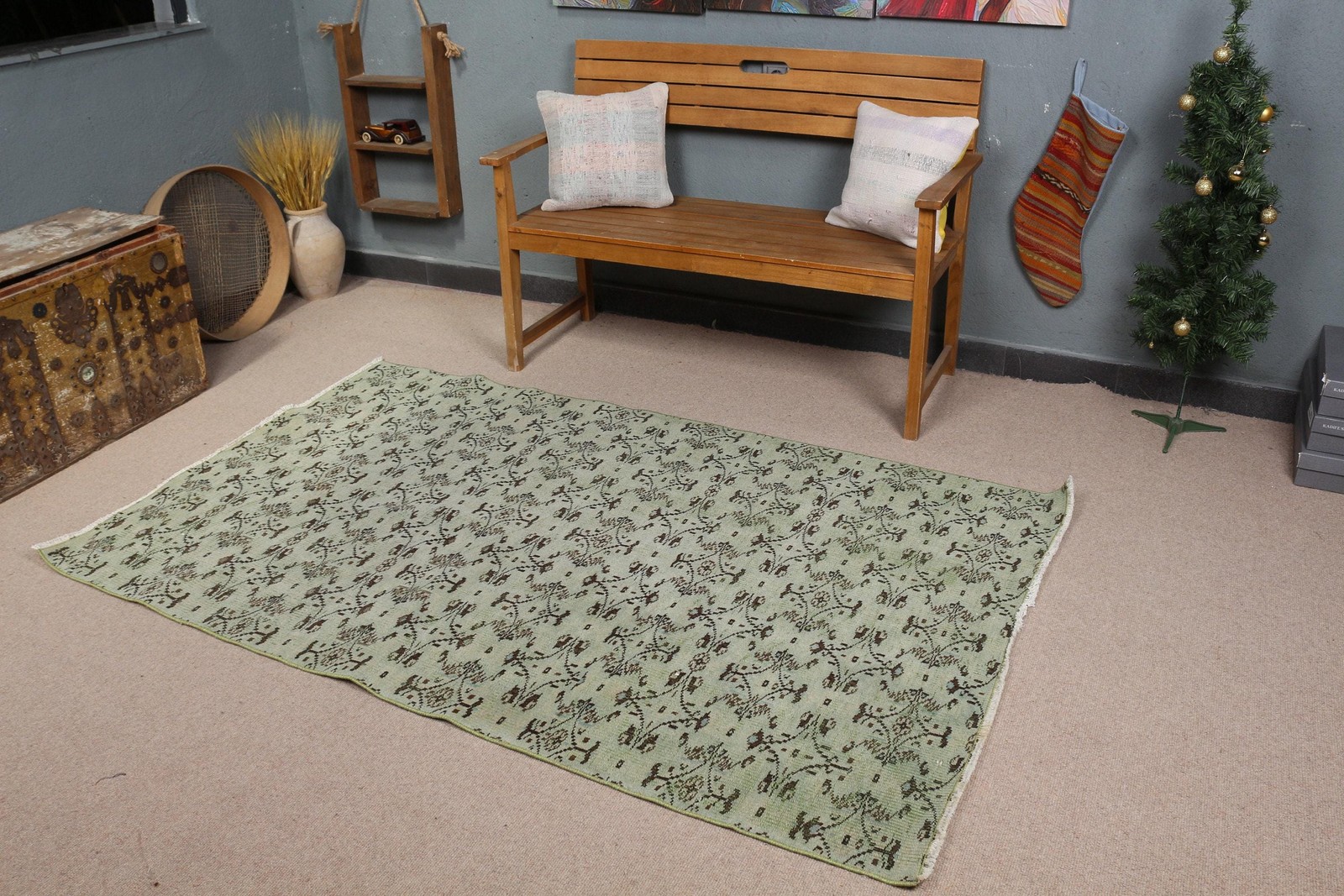 Turkish 4,1×6,7 ft Rug, Area Vintage Rug, Green Brown Ikat Wool Rug