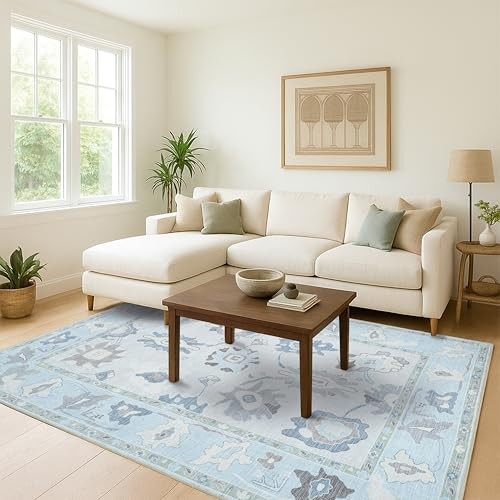 Cream Blue Oushak Rug, Modern, Vintage, Turkish, Eclectic, Floral, Pastel,
