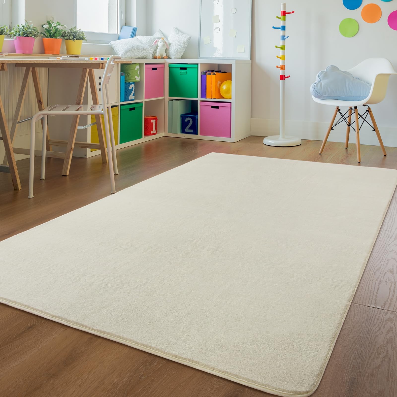 Shag Area Rug Fluffy Carpets, 5×7 Cream White Washable Living Room Bedroom Ru…