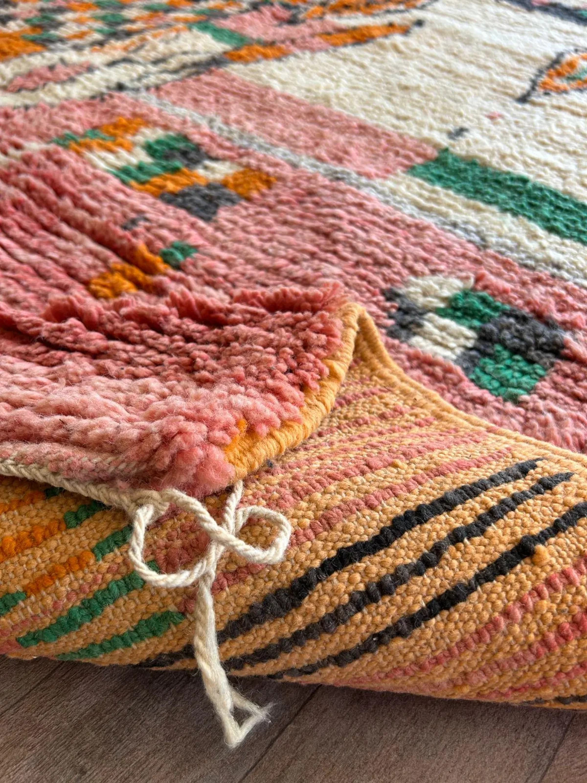 Handmade Moroccan Boujaad Wool Rug Geometric Design Pink Orange White Carpet Rug