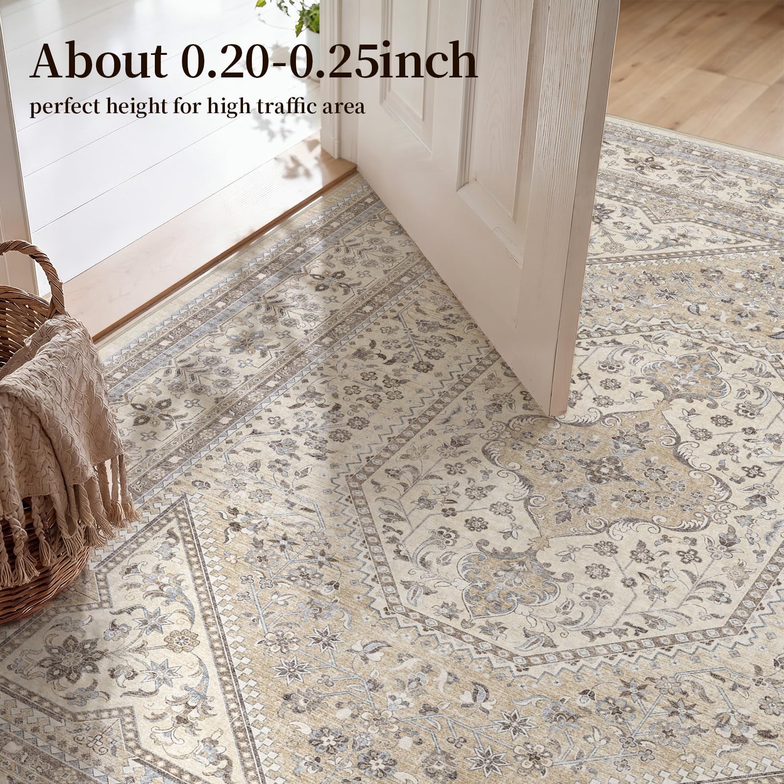 Puino 10×14 Washable Vintage Rug: 10′ x 14′ (Rectangular), Beige/Gray