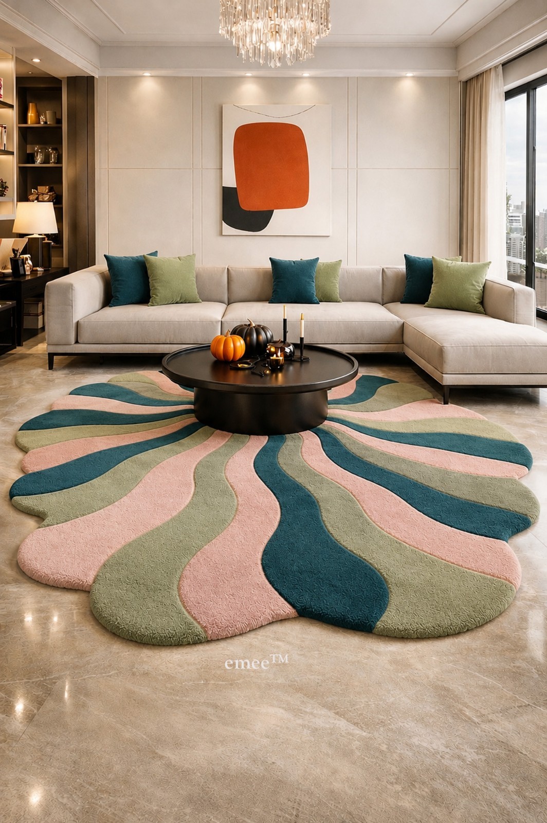 Modern Flower Shape Hand Tufted Wool Area Rug Teal Pink Sage Green Carpet