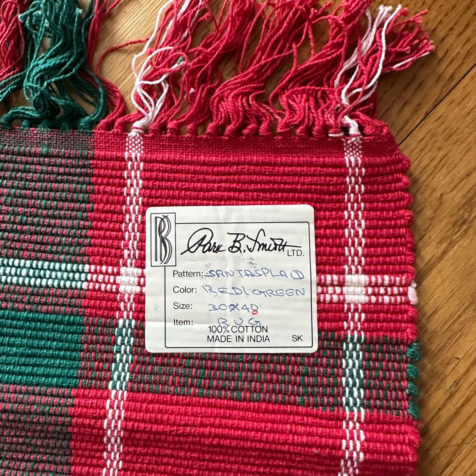 3 Park B Smith Rug 30×48 Handwoven 100% Cotton Red Green Santa’s Plaid Christmas