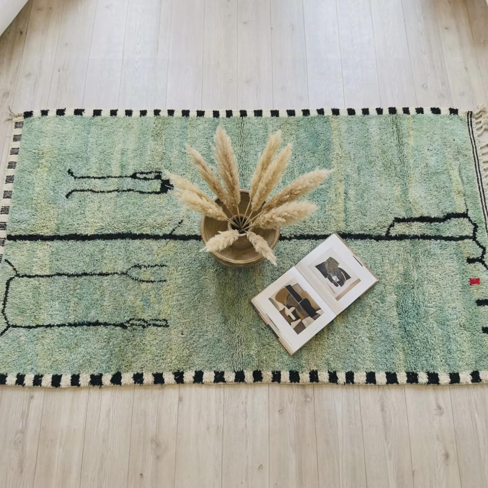 Green Moroccan Rug – Handmade Minimal Berber Wool Rug, Soft Green Beni Ourain St