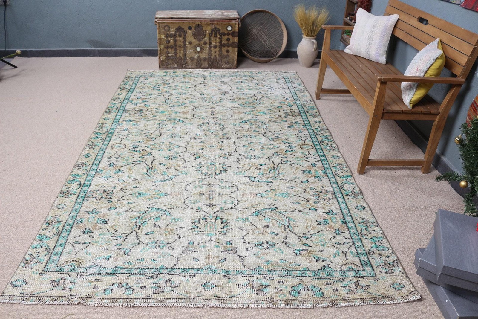 5,6×9,4 ft Vintage Rug, Turkish Large Rug, Blue White Striped Rug