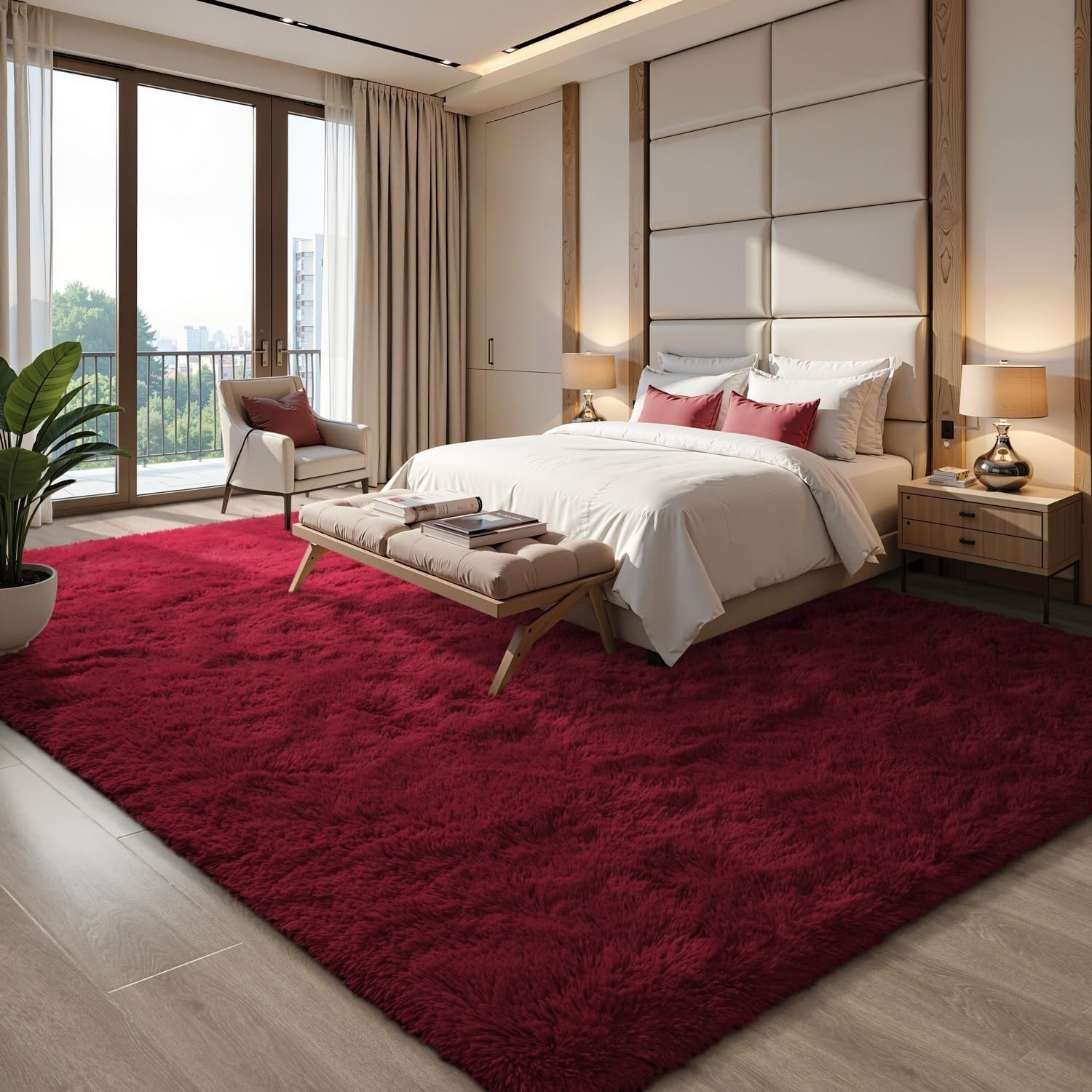 Fluffy Area Rugs Burgundy Soft Plush Shaggy Carpet for Living Room Bedroom Floor