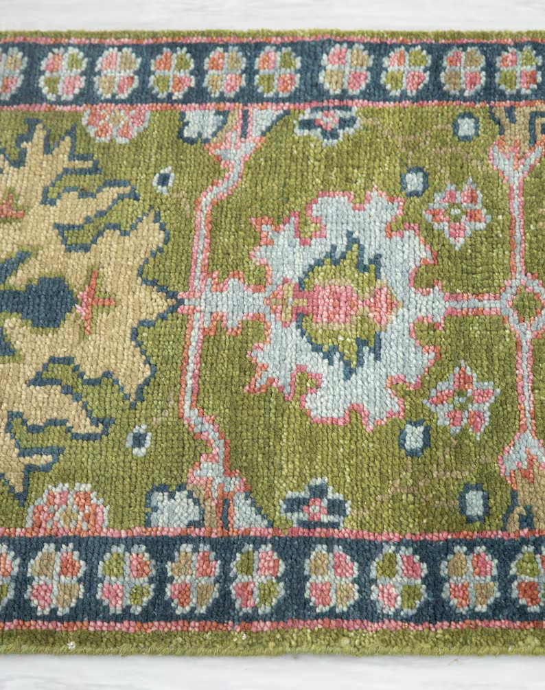 Hand Knotted Oushak Runner Rug Olive Green Wool Vintage Hallway Carpet Rug