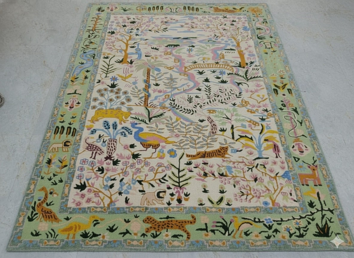 Handmade Wool Aubusson Rug – Jungle Garden Floral Carpet for Living Room Décor