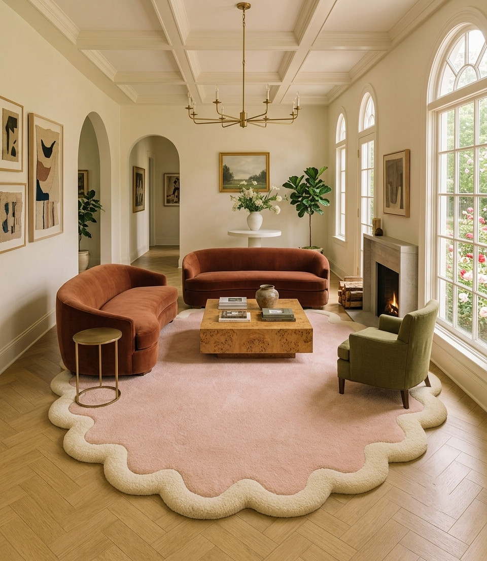 Pink White Round Hand Tufted Wool Rug Modern Handmade Living Room Hall Carpet